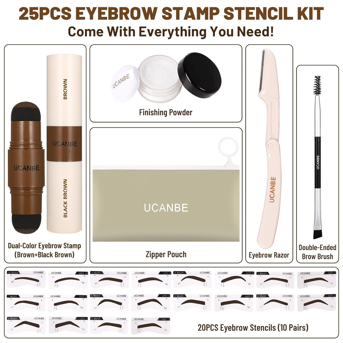 UCANBE 25PCS Eyebrow Stamp Stencil Kit With Dual-Color Eyebrow Stamp Pomade,20 Reusable Eyebrow