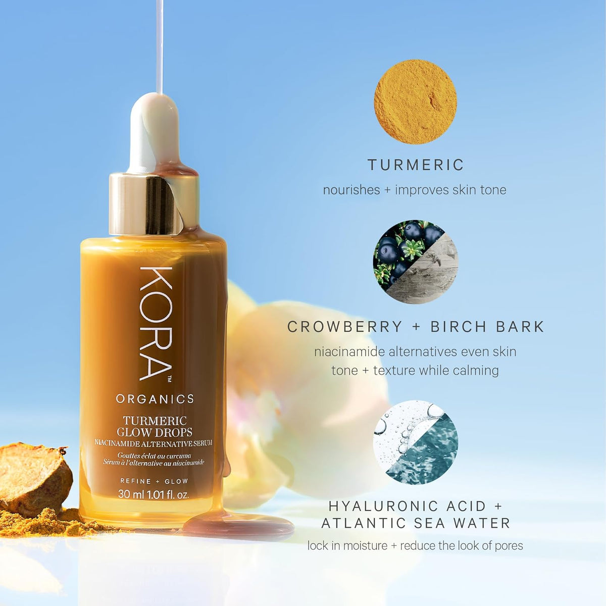KORA Organics Turmeric Glow Drops, Niacinamide Alternative Face Serum for Radiance, Texture and