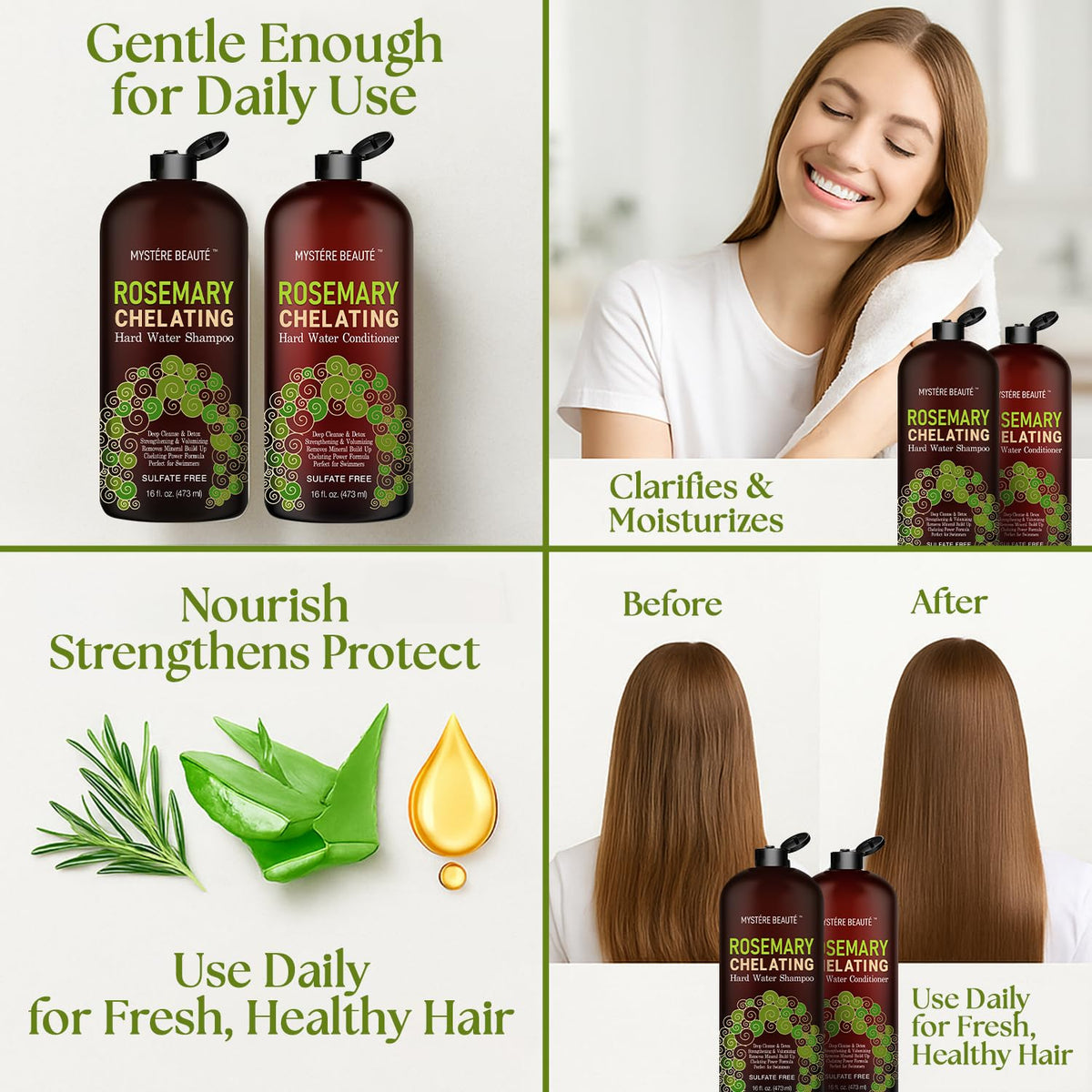 MYSTÈRE BEAUTÉ Rosemary Chelating Shampoo and Conditioner Set – Sulfate Free Hard Water Hair Care