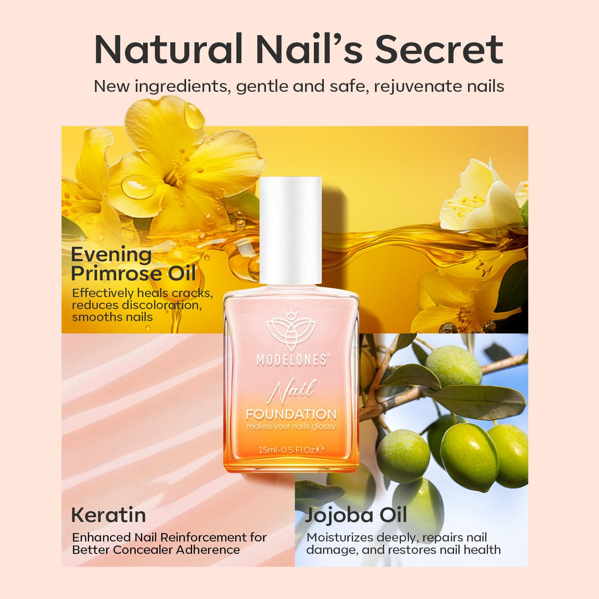modelones Nail Strengthener, Iridescent Pink Nail Natural Concealer Foundation Polish Air Dry Nail
