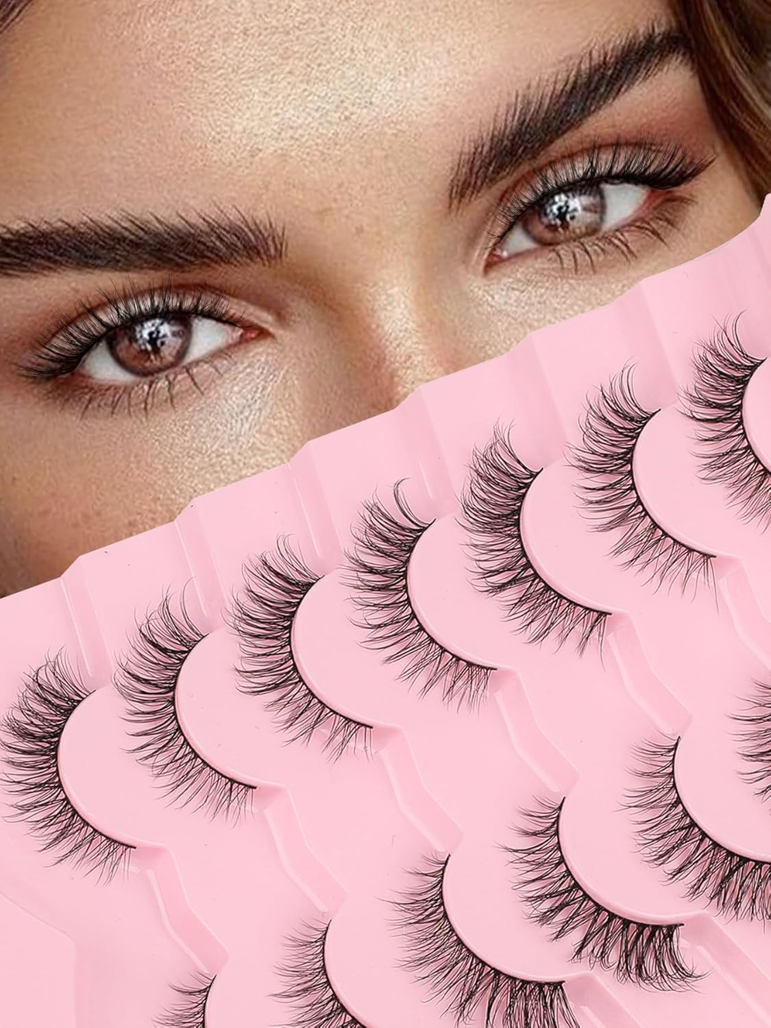 Natural Eyelashes Cat Eye Lashes Wispy Eyelash with 0.1MM Thin Band Strip Lash C Curl 7 Pair