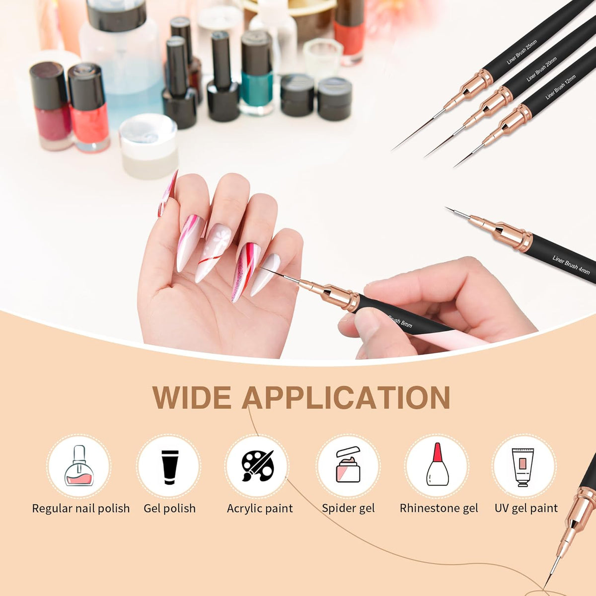Metallic Nail Art Brushes, 5Pcs Nail Art Liner Brushes, Painting Art Design Brush Set Nail Dotting
