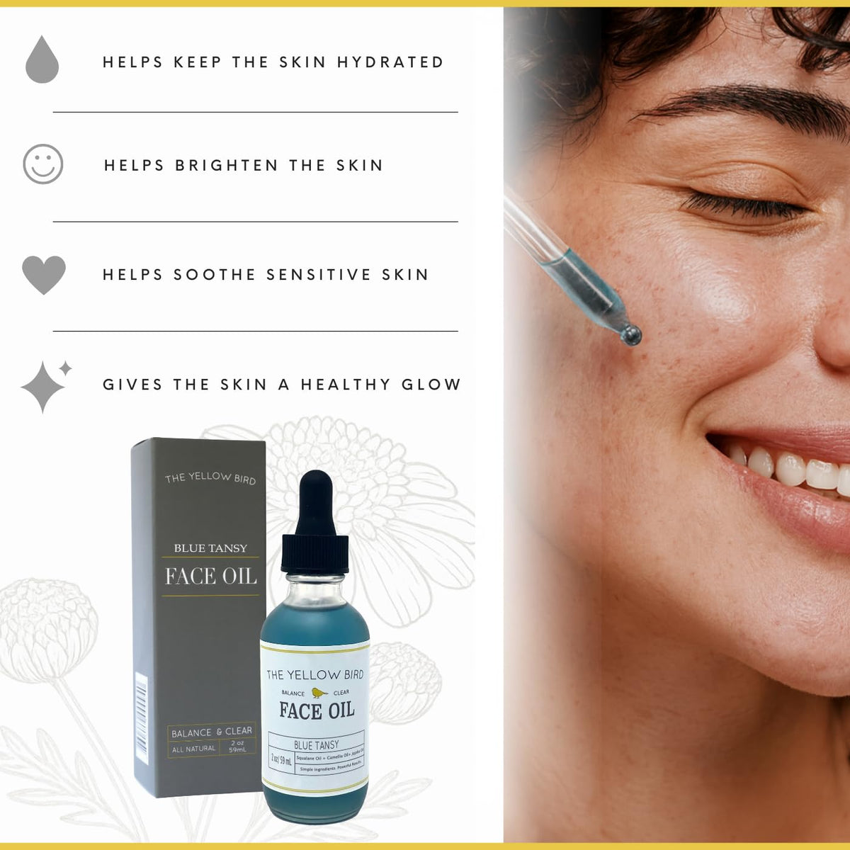 Yellow Bird Balancing Blue Tansy Face Oil 2 oz / 59 ml – Skin Glowing Serum. Collagen Support.