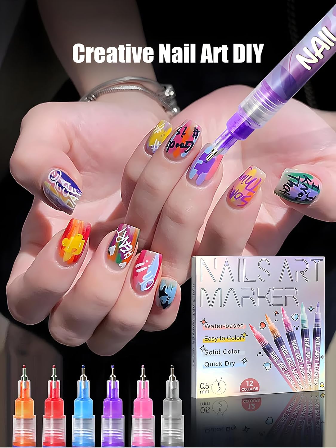 Fine Tips 3D Nail Art Pens, 12 Colors 0.5 MM Nail Marker Pens Nail Point Graffiti Dotting Drawing
