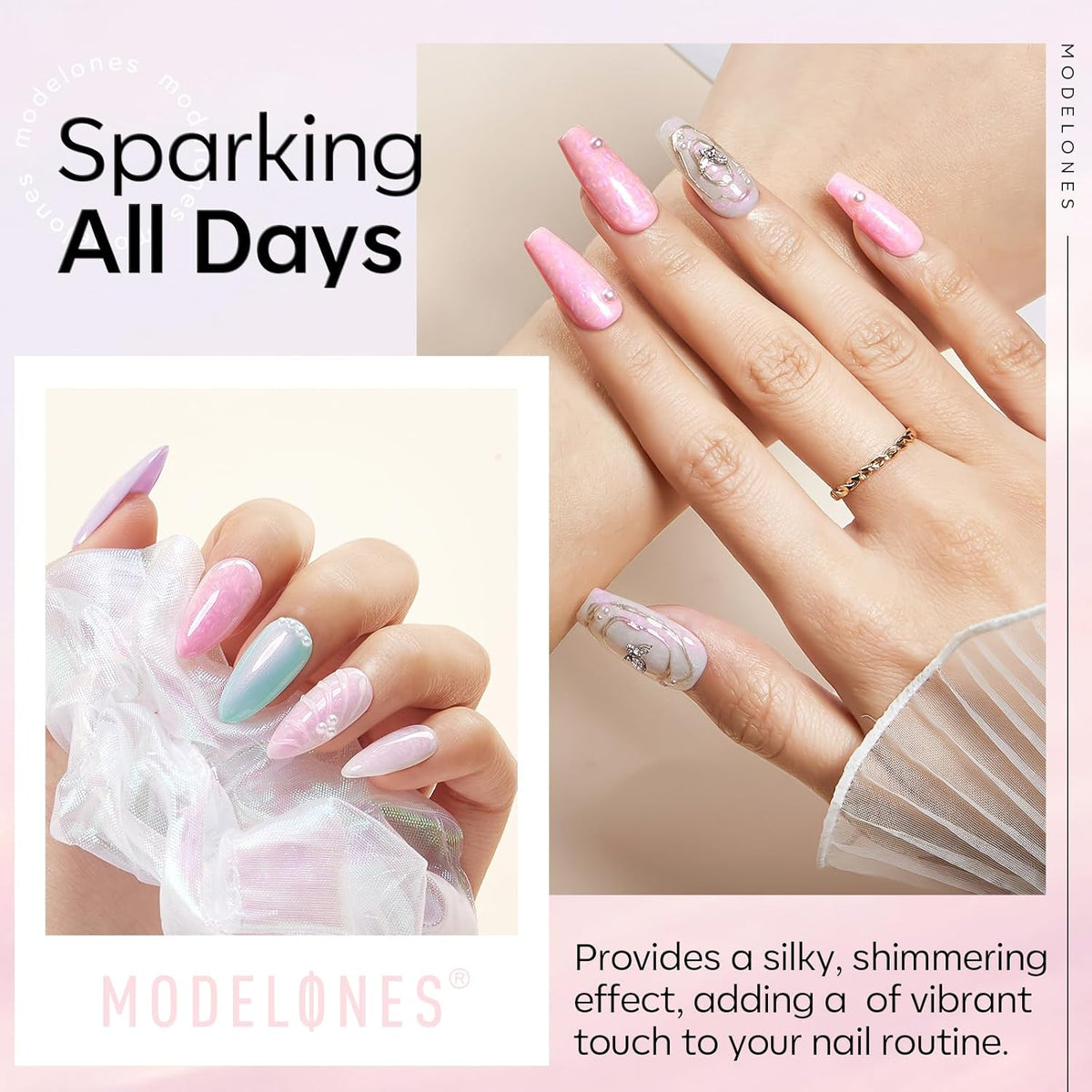 modelones Pearl Gel Nail Polish Top Coat, 2-in-one Clear Pearlescent Glitter Glossy Sparkle Finish