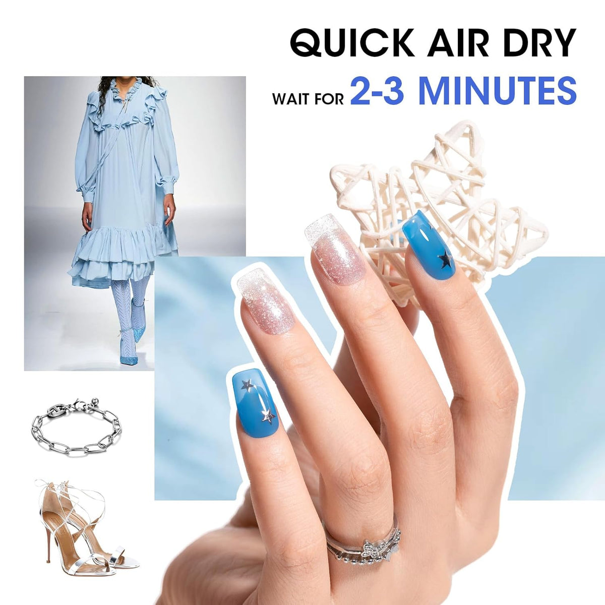 Gellen Blue Jelly Nail Polish, Sheer Nail Polish Quick Dry Summer 6 Colors Blue Glitter Set