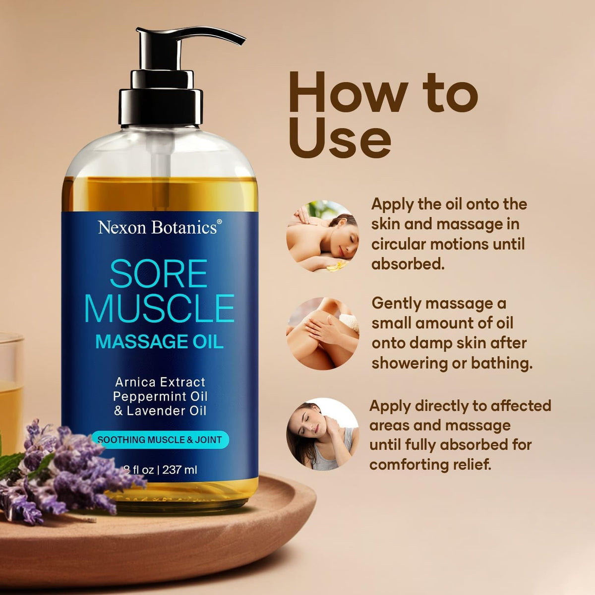 Sore Muscle Massage Oil for Massage Therapy 8 fl oz - Refreshing and Relaxing - Natural Oils with