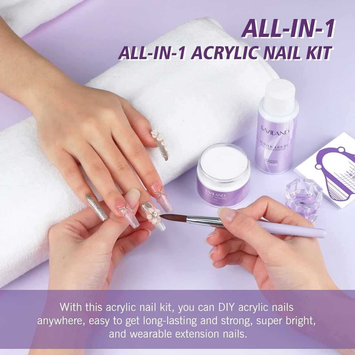 SAVILAND Acrylic Nail Kit Starter Set: Clear Acrylic Powder and Liquid Set With Brush, Forms, Tools