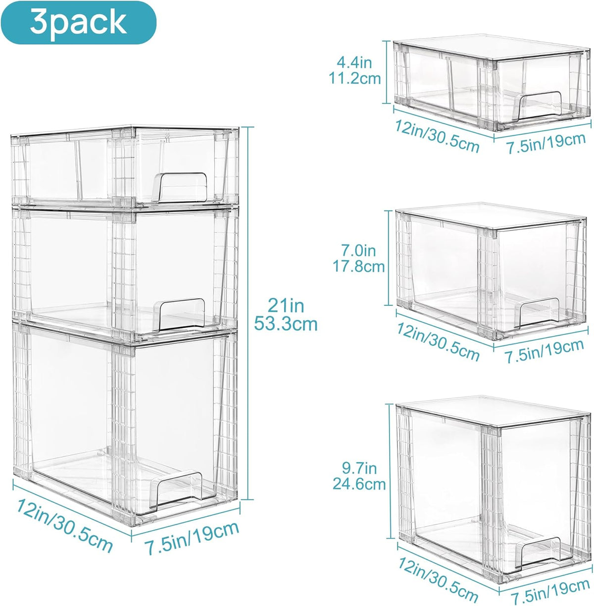 Vtopmart 3 Pack Clear Stackable Storage Drawers,Easy to Assemble Bathroom Organizers and Storage