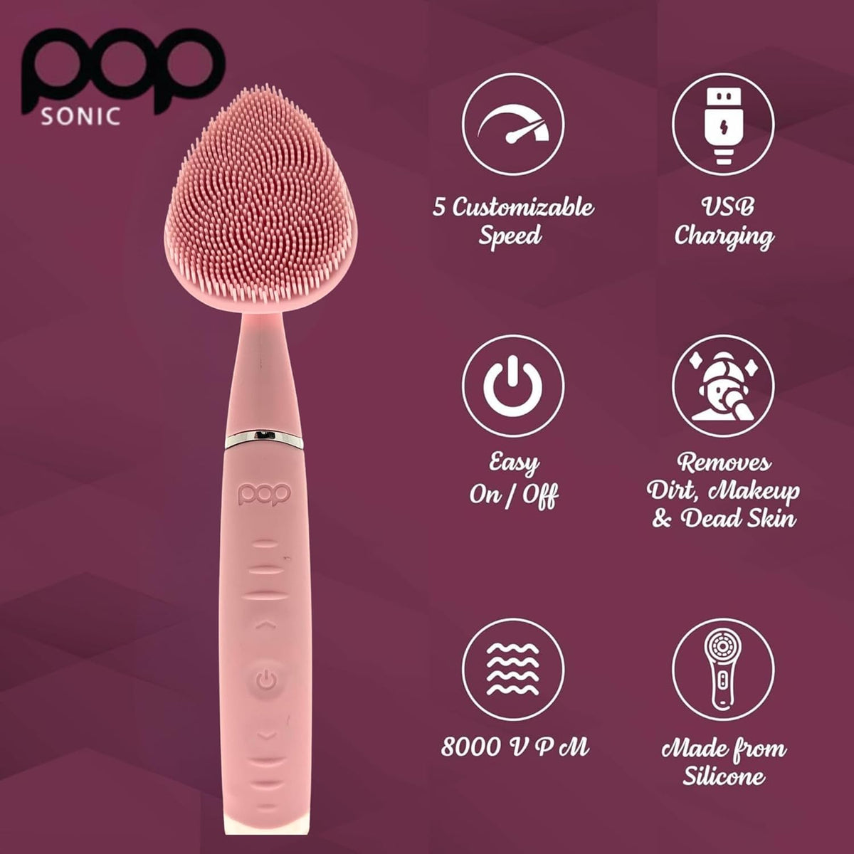 Clover Facial Cleansing Device Pink Silicone Facial Cleaner & Exfoliator w/ 8000 Vibrations Per