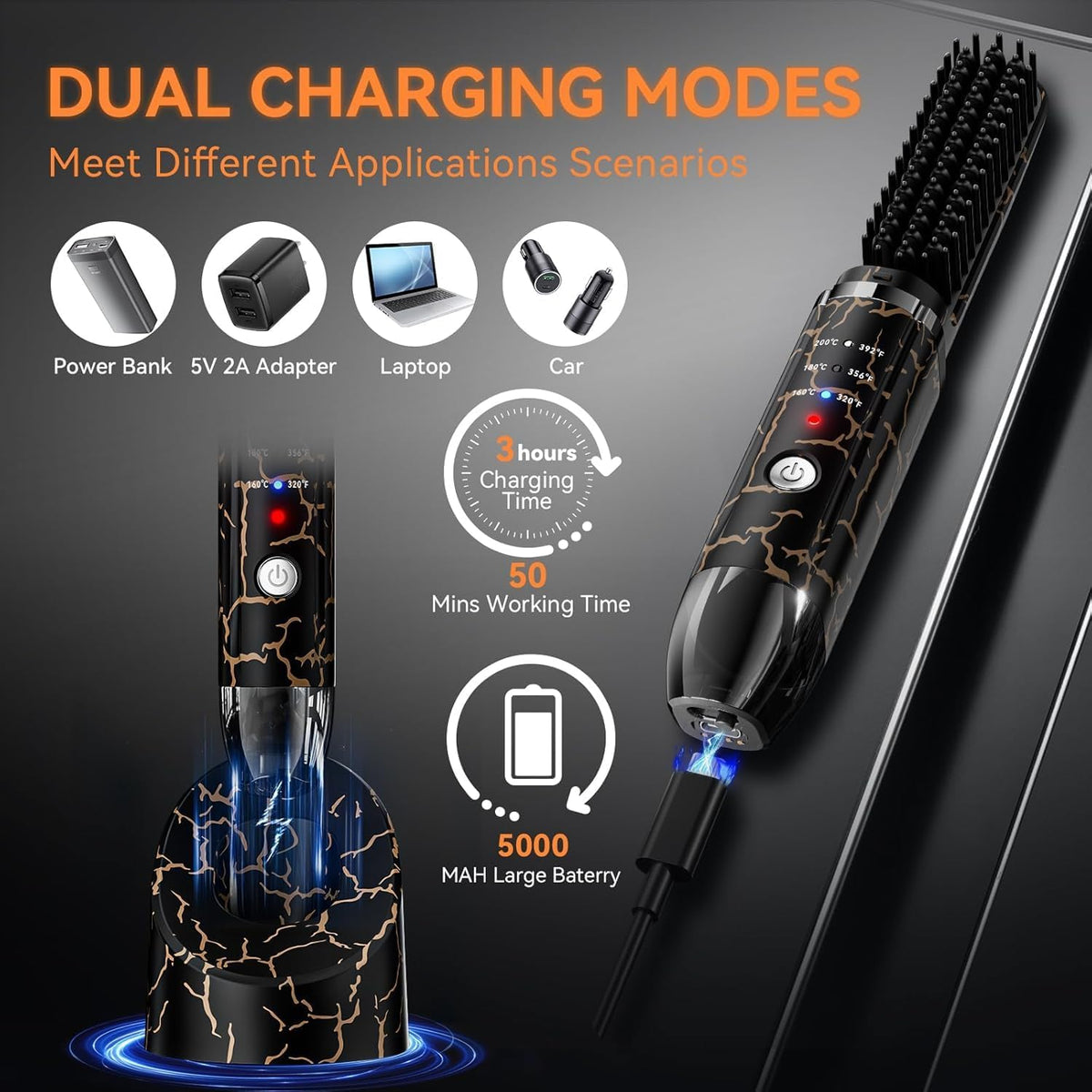Beard Straightener for Men, Cordless Beard Heated Brush and Hair Straightener Hot Comb with 3 Temp