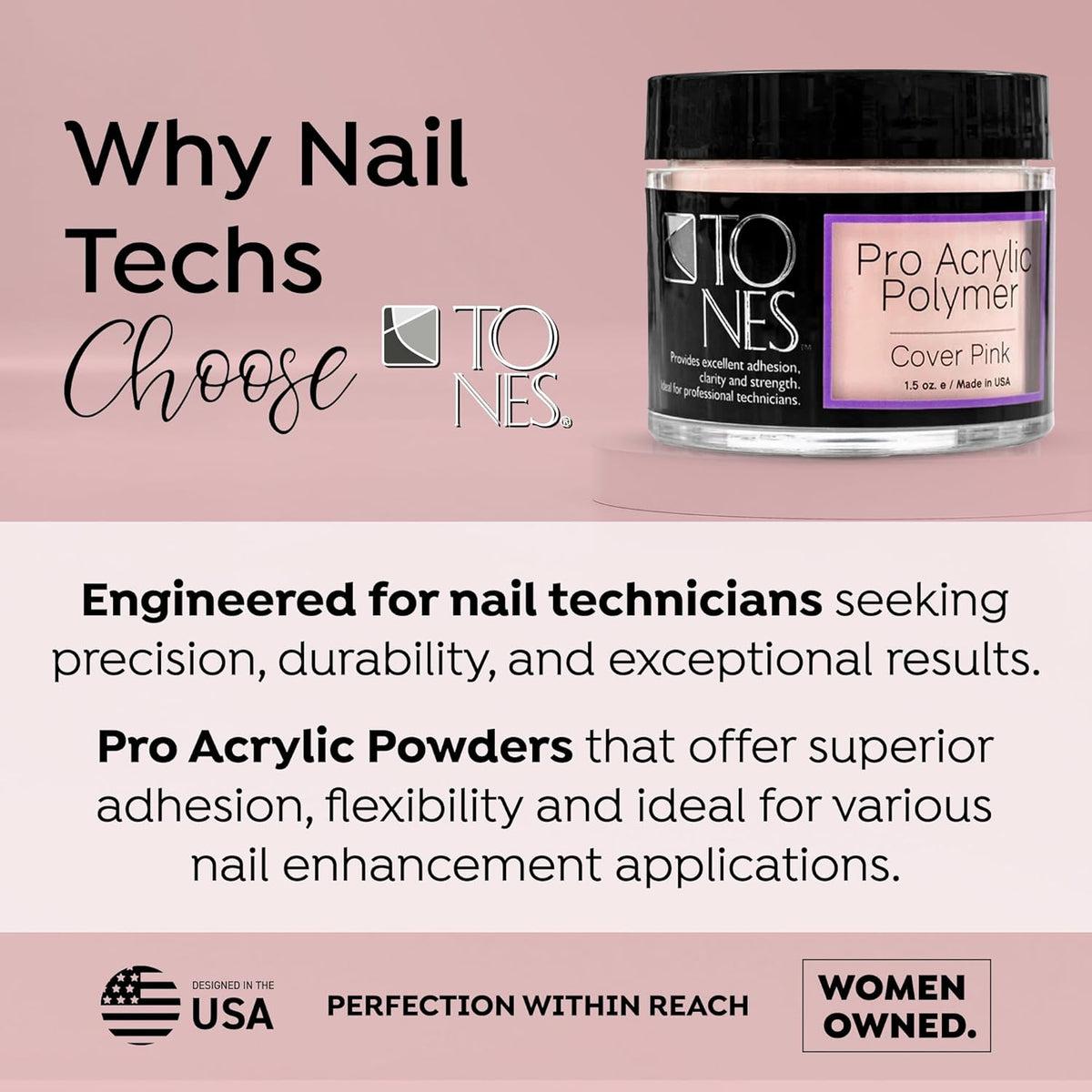 Tones Pro Acrylic Nail Powder, Cover Pink (Soft Nude Pink), (1.5 Fl Oz) - Long-Lasting &