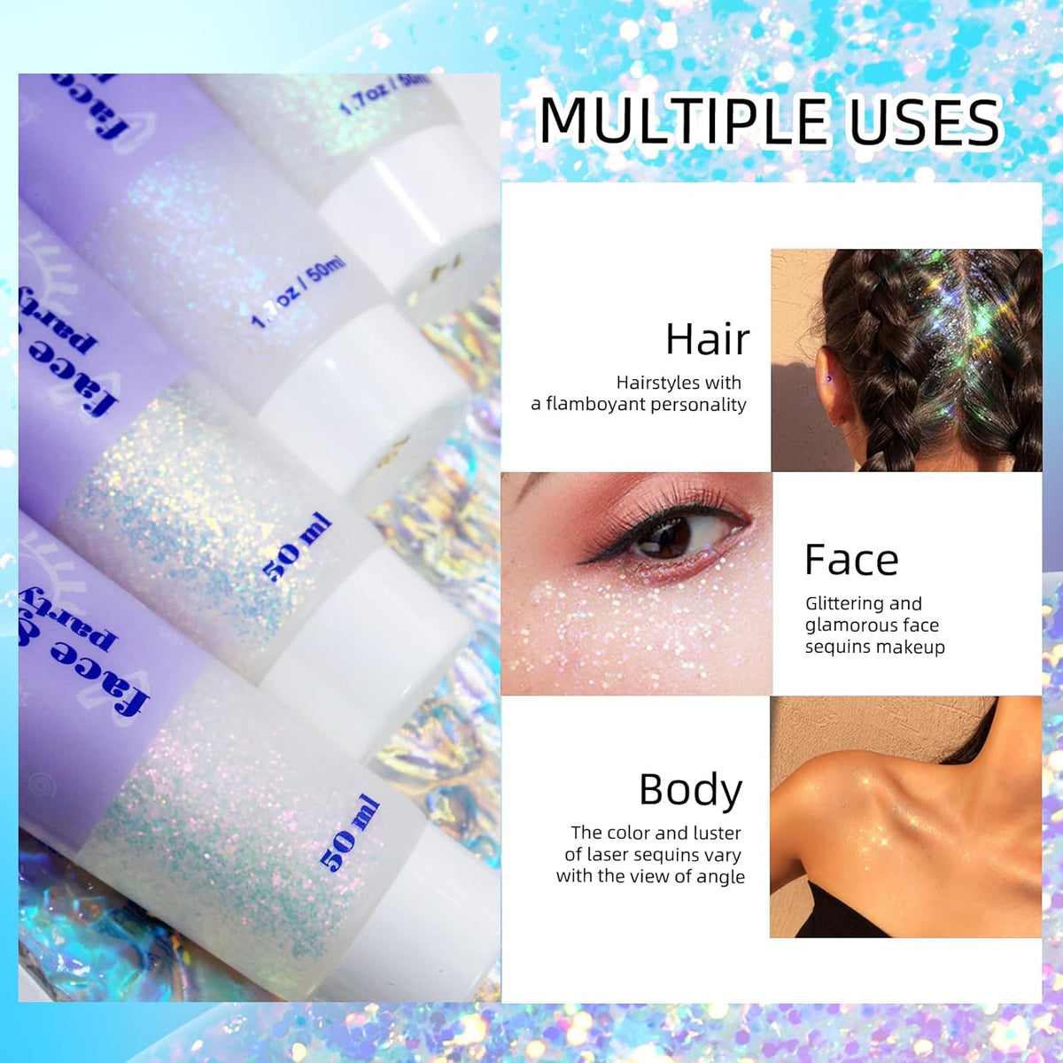DAGEDA Body Glitter Gel, Holographic Face Glitters Body Gel Shimmer Liquid Eyeshadow, Color