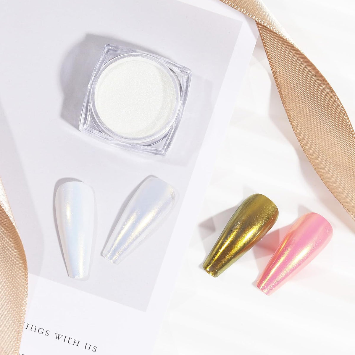 Artdone 2 Jars Chrome Nail Powder White and Gold Pearl,Iridescent Aurora Powder Metallic Mirror
