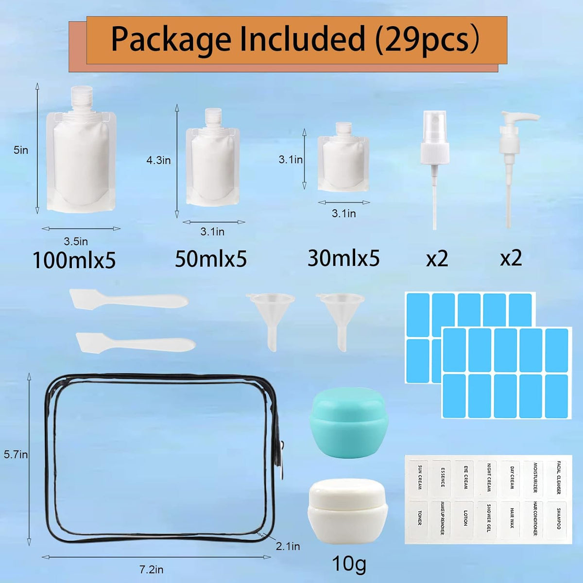 29 PCS Travel Size Refillable Empty Squeeze Pouch TSA Approved Travel Pouches for Toiletries Liquid