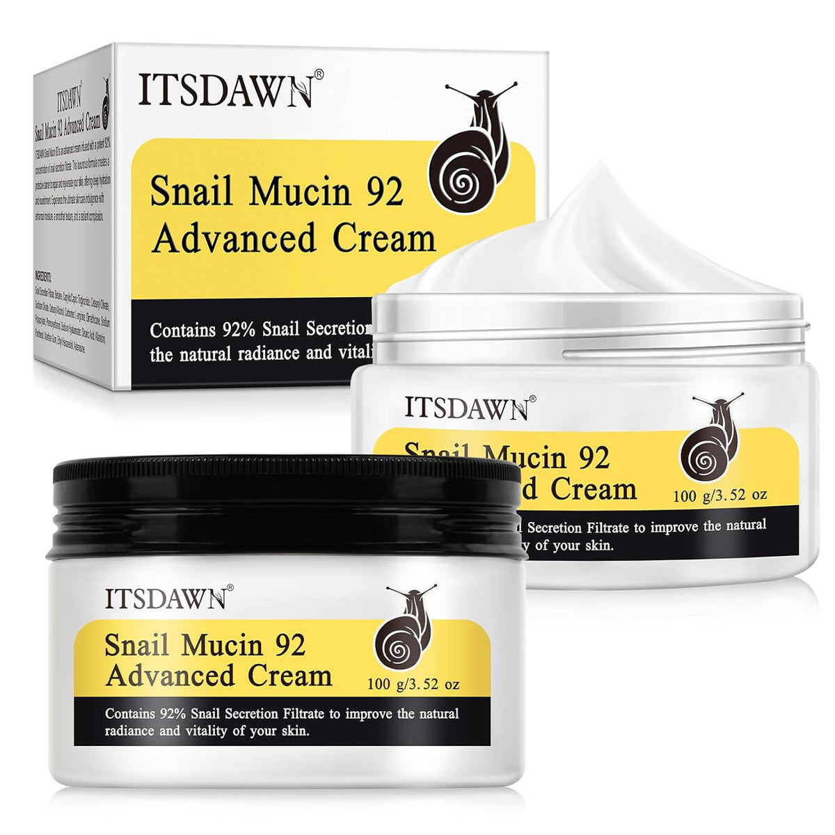 2 Pack Snail Mucin 92% Face Cream 100g, Moisturizer Hydrating Cream for Dry & Sensitive Skin, All