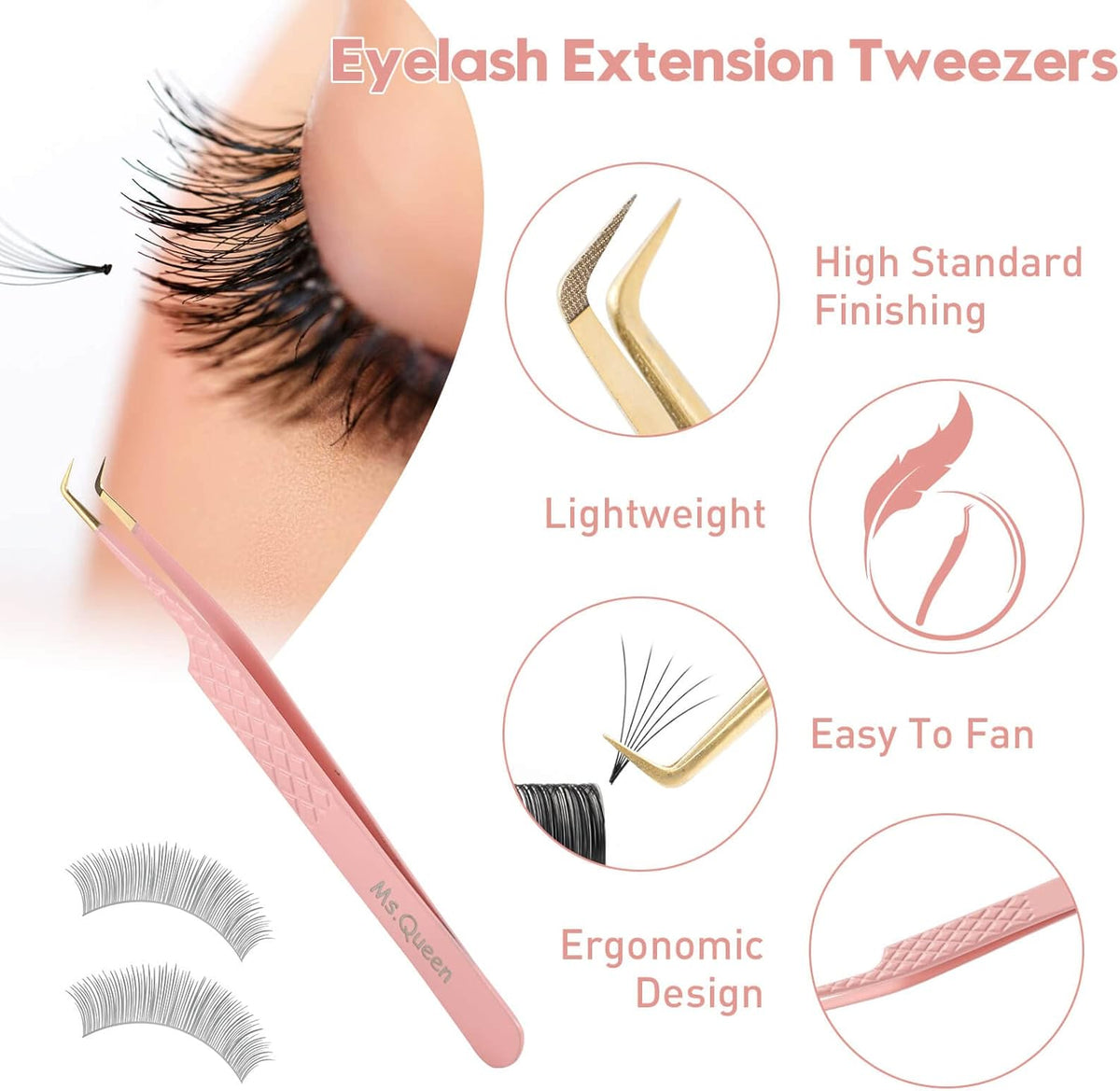 Ms.Queen Lash Extension Tweezers,Diamond Grip 90 Degree False Lashes Tweezers 3D 6D Mink Eyelash