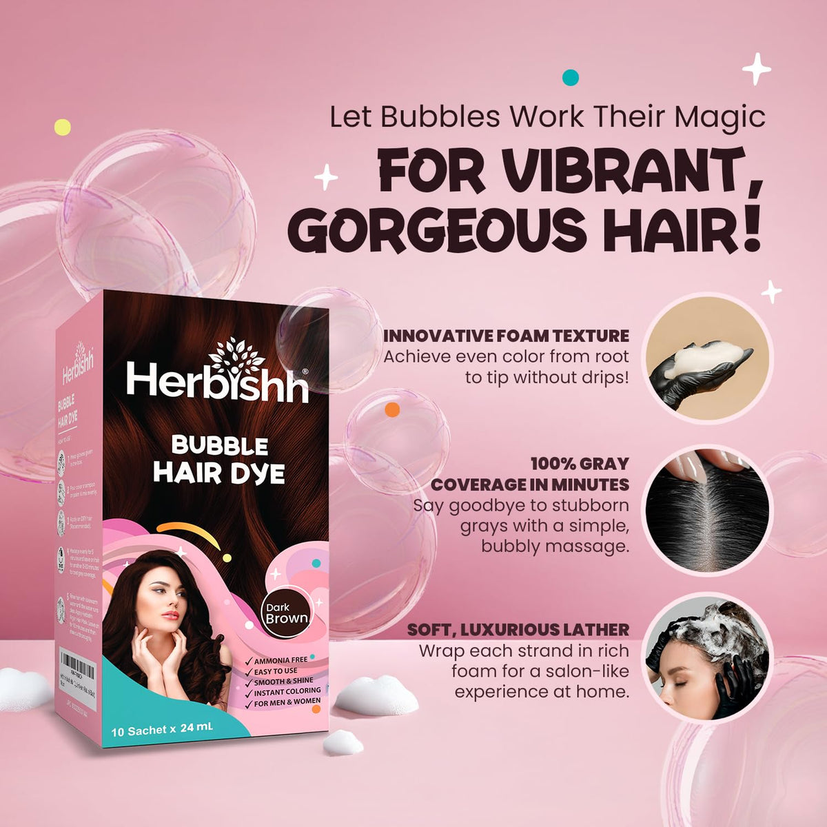 Herbishh Bubble Foam Hair Dye Shampoo, 3 in 1 Dye for 100% Grey Coverage, Permanent Hair Coloring
