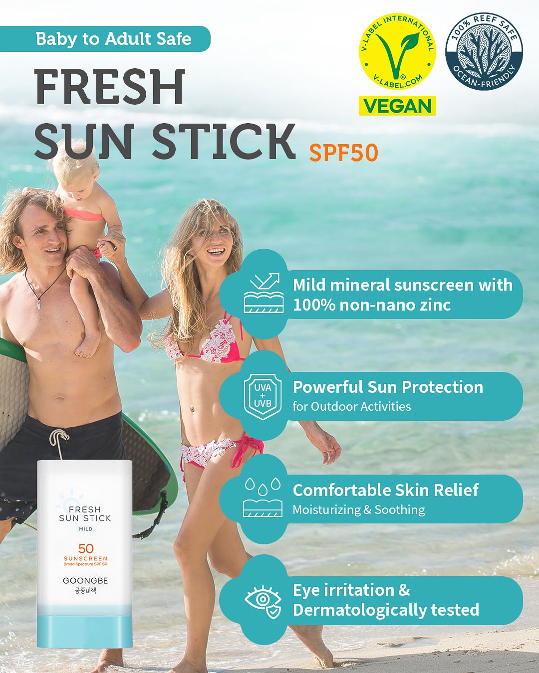 Fresh Sun Stick Mild SPF 50 - No White Cast Zinc Oxide Mineral Sunscreen Stick Balm - Non Greasy