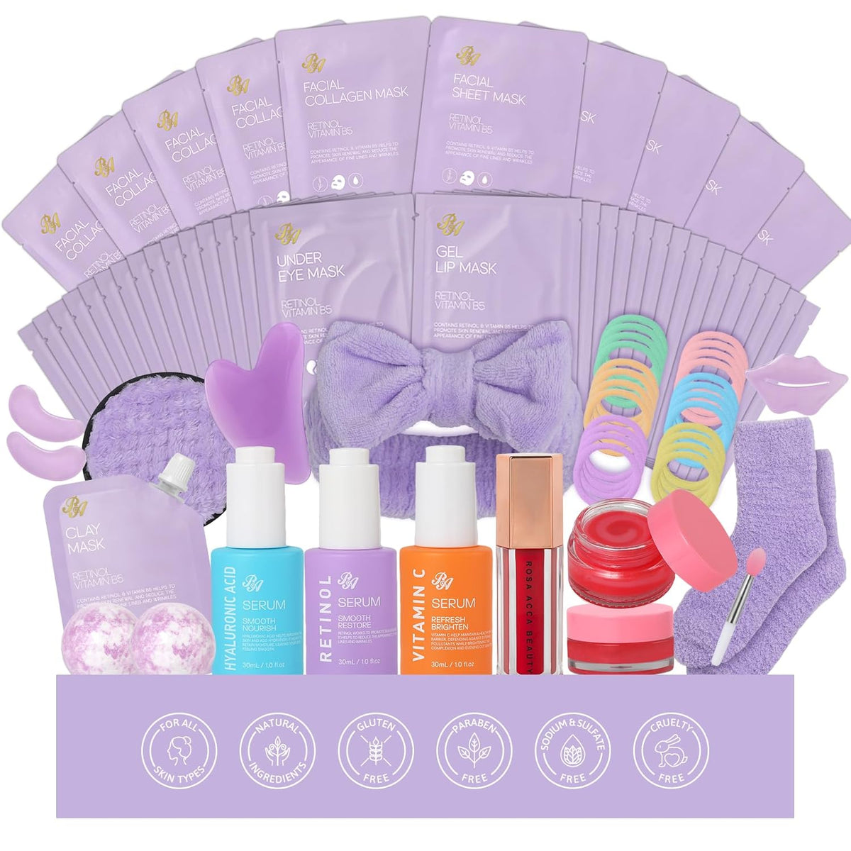 Lavender Face Sheet Mask Pack, 55Pcs Skin Care Kit for Women, Overnight Collagen Mask, Gel Lip