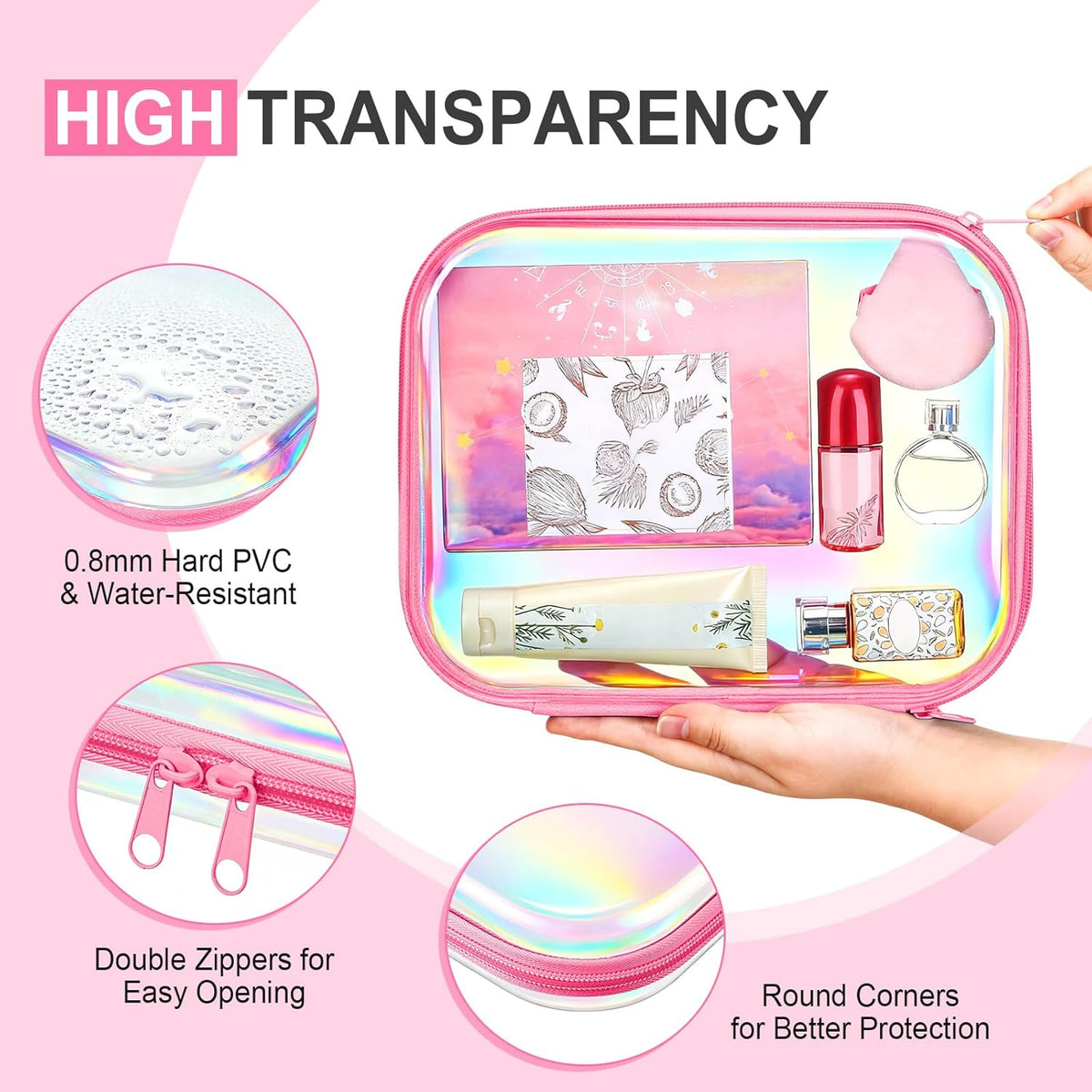 Hoolerry 3 Pcs Clear Hard Zipper Case Plastic Pouch Transparent Hard Case Clear Makeup Bag Portable