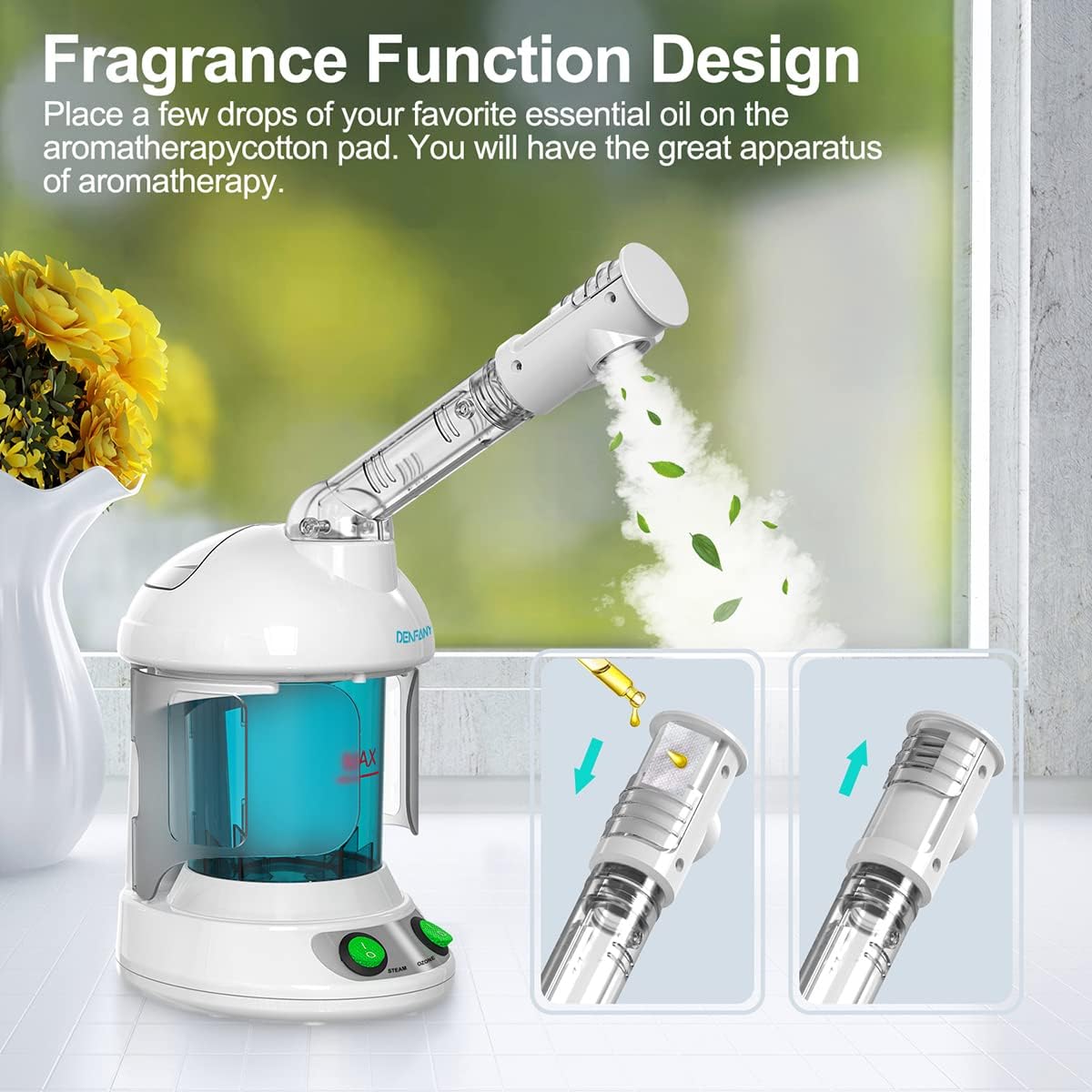 Facial Steamer - DENFANY Nano Ionic Face Steamer with Extendable 360° Rotating Arm - Portable