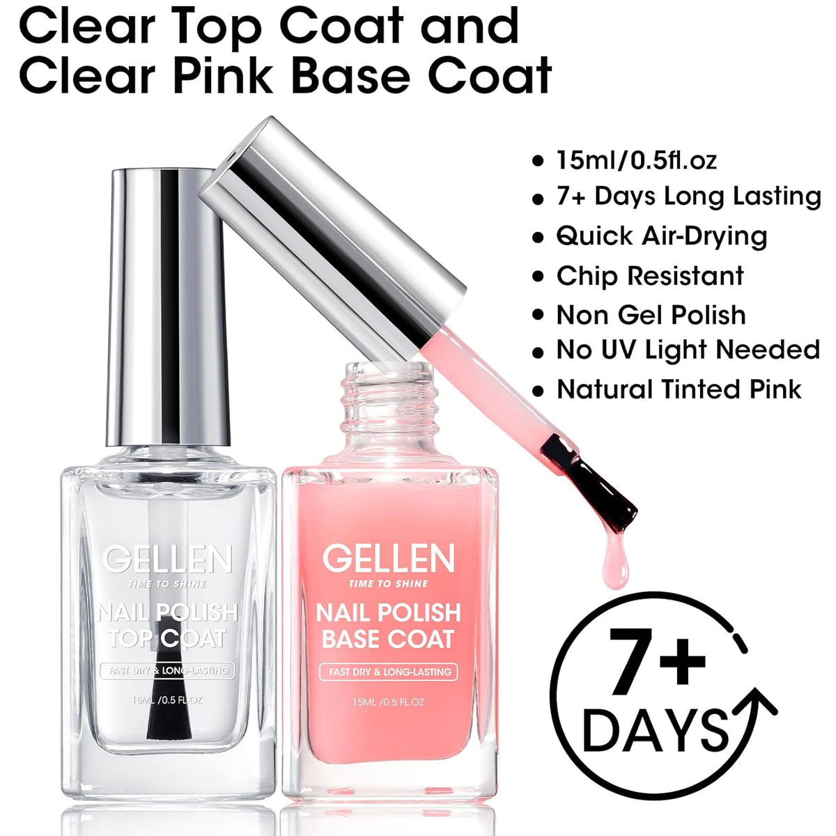 GELLEN Clear Nail Polish Base Top Coat, Sheer Pink Tinted Base Coat & Shine No Wipe Top Coat for