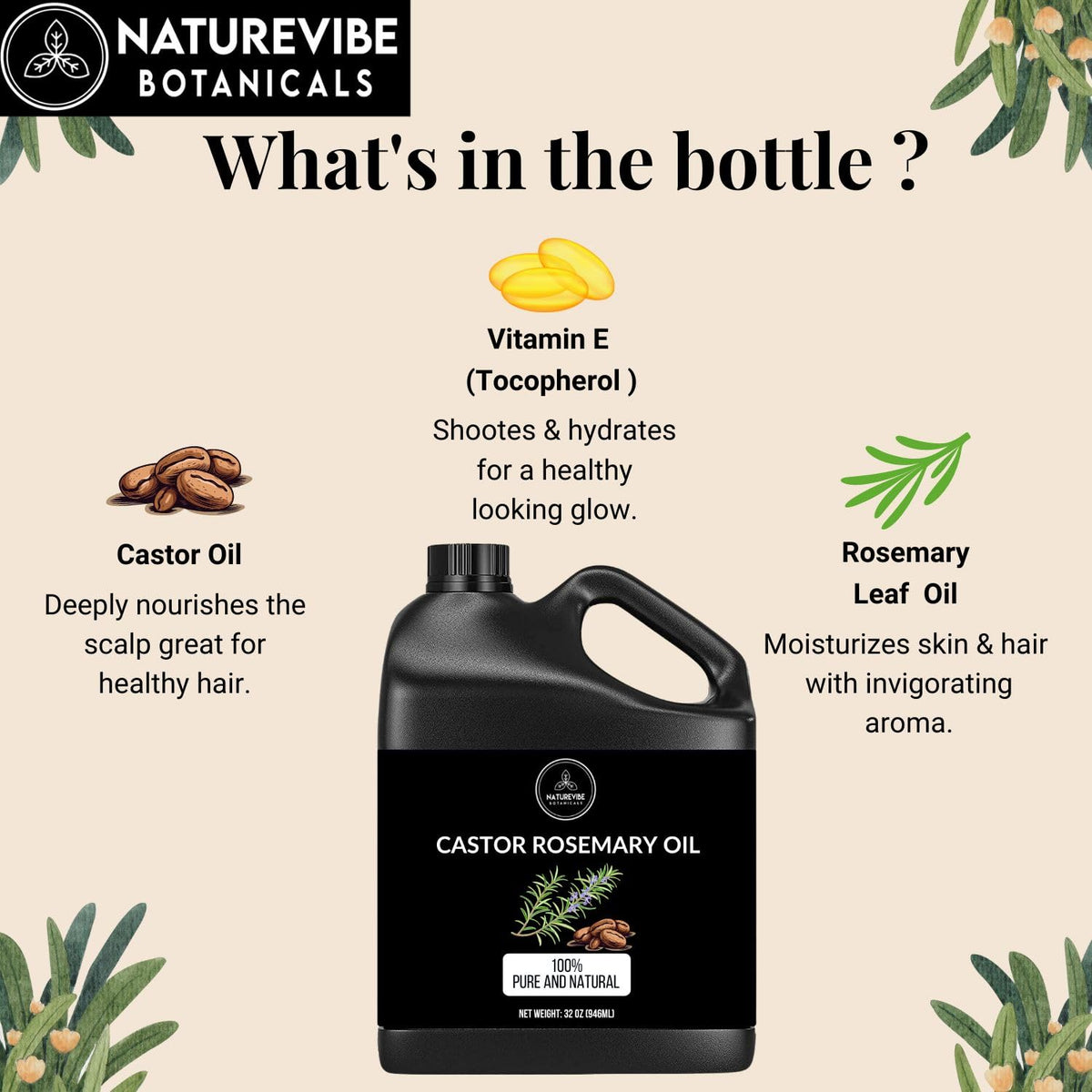 Naturevibe Botanicals Castor Rosemary Oil 32 Ounces | 100% Pure and Natural | Great for Skin Care