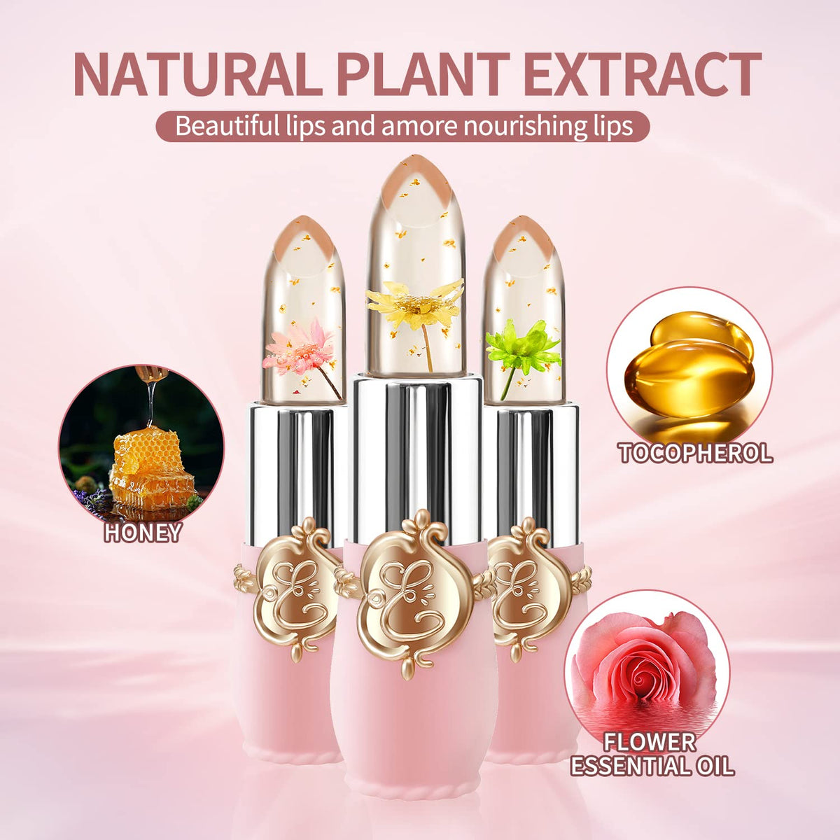 3 Pcs/Set Flower Jelly Lipstick Set Temperature Change Moisturizer Long Lasting Nutritious Balm