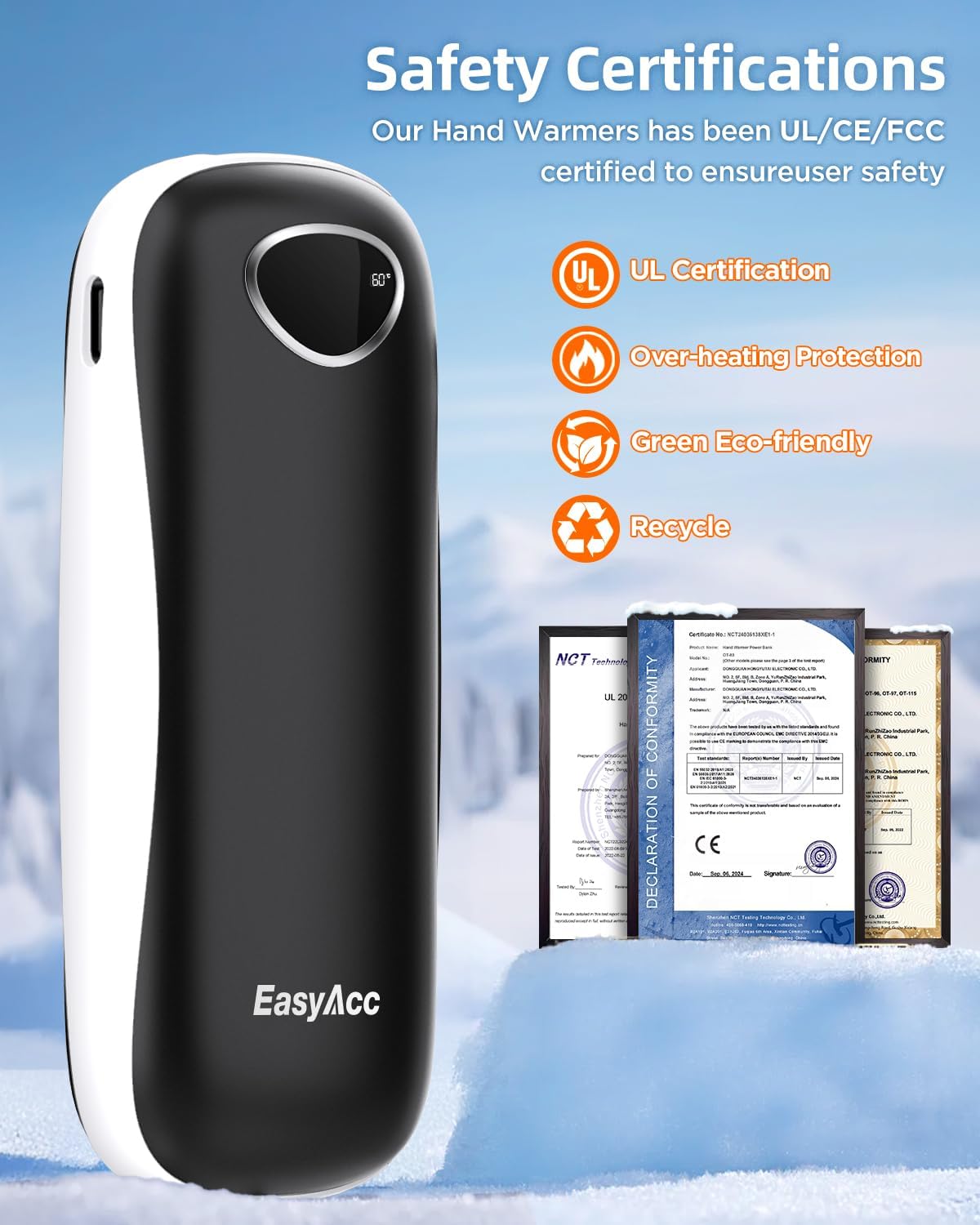 EasyAcc® Pocket Size Hand Warmers Rechargeable, Golf Hunting Hand Warmers, Real 16 Hrs Warmth, Heat