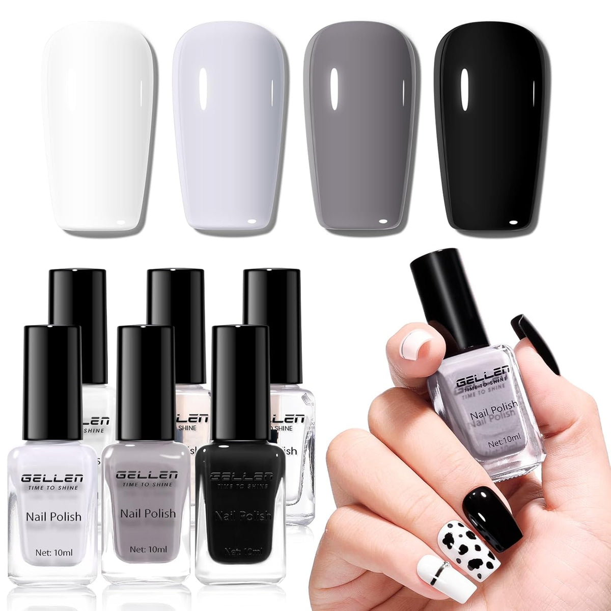 Gellen 4 Colors Black White Gray Nail Polish Set & Base Top Coat, Fall Winter Trendy Winter Black