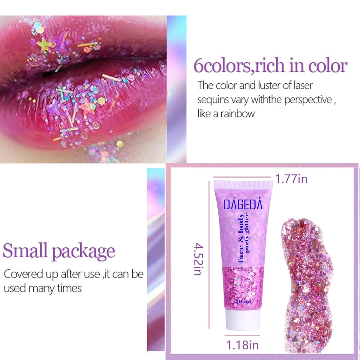 DAGEDA Body Glitter Gel, Face Glitters Body Gel Sequins Shimmer Liquid Eyeshadow, Chunky Glitter