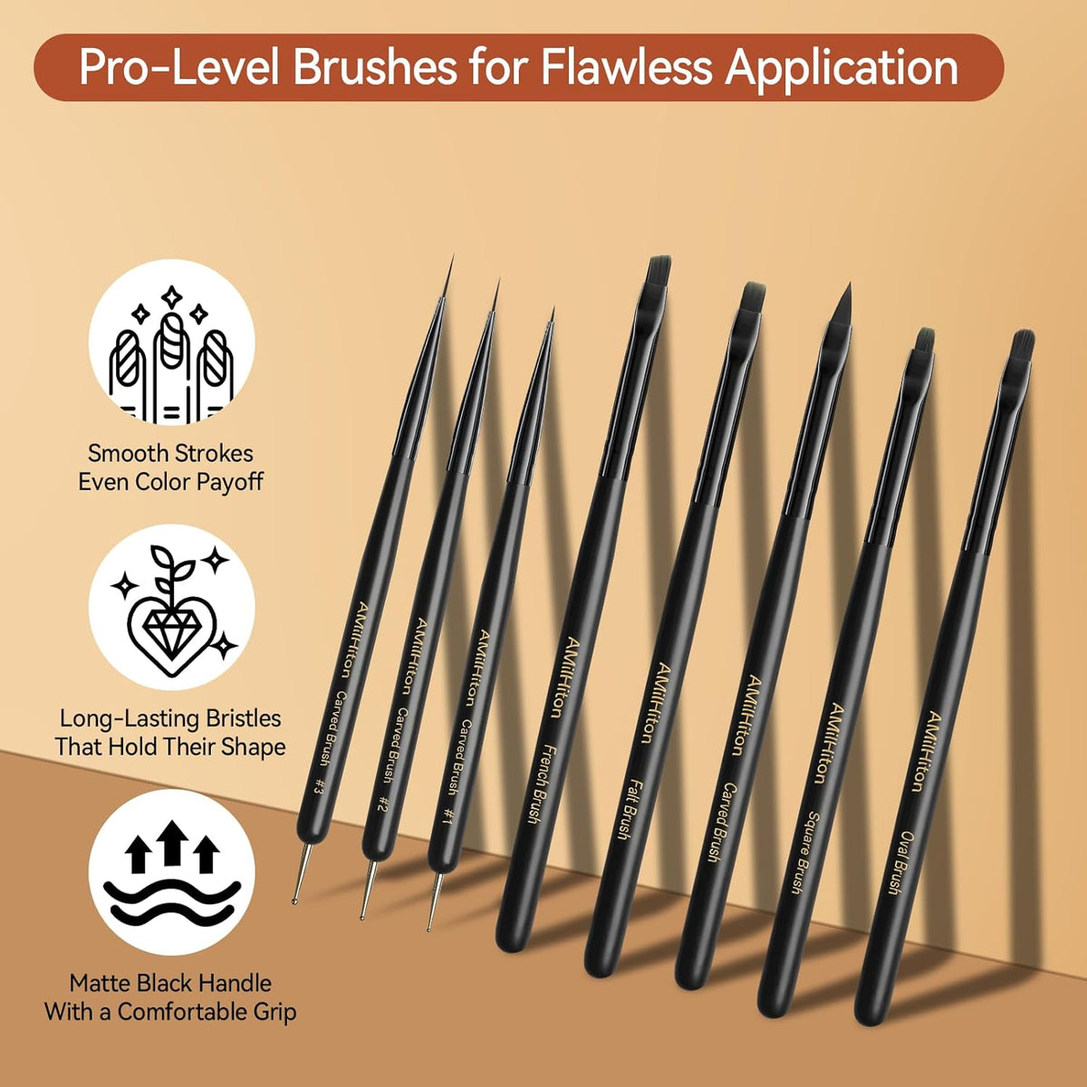 8PCS Nail Art Brushes for Builder Gel, Polygel & Polish – Flat, Round, Liner, French Tip & Detail
