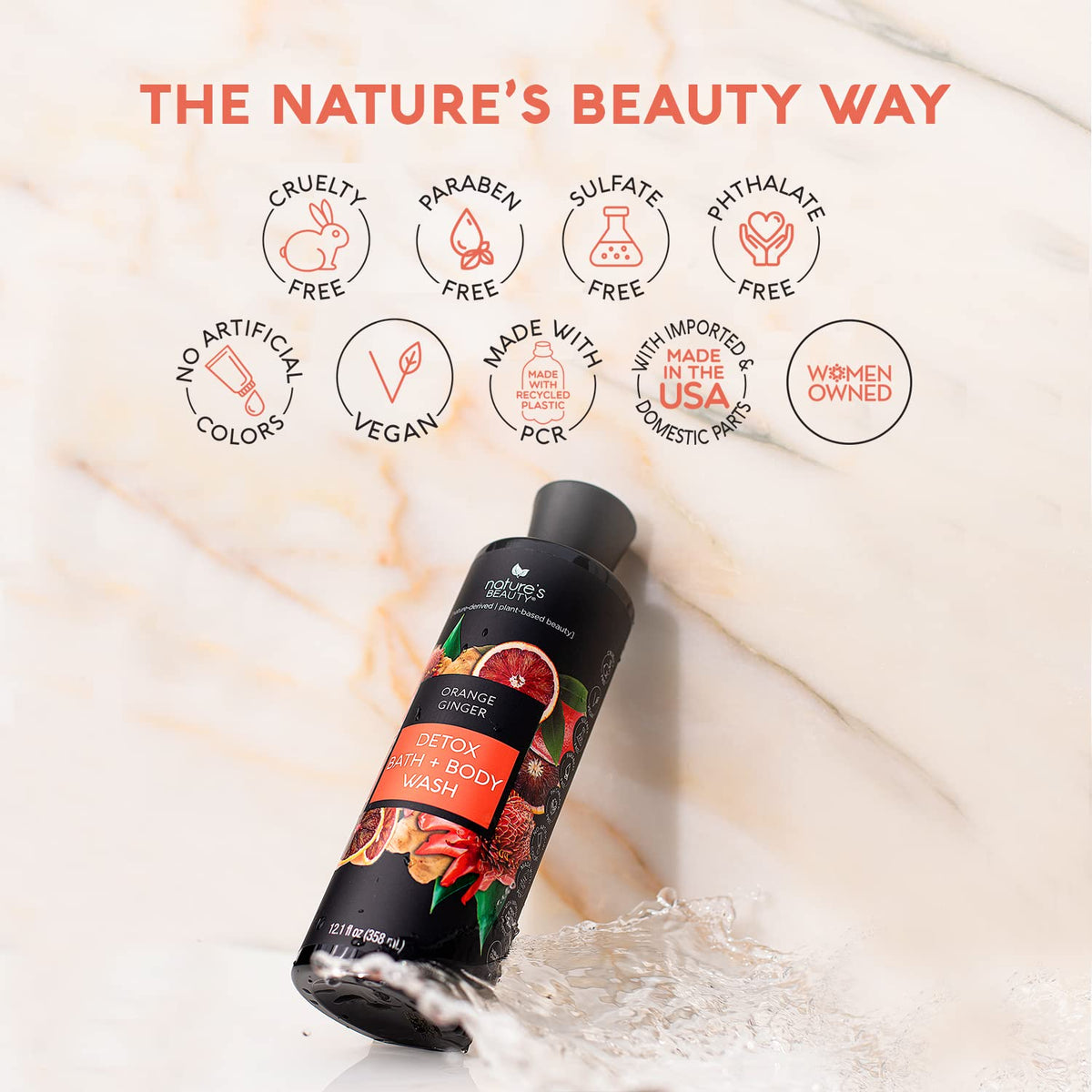 Nature's Beauty Orange Ginger Detox Body Wash Multi-Pack - Gentle Bath + Body Cleanser, Improve