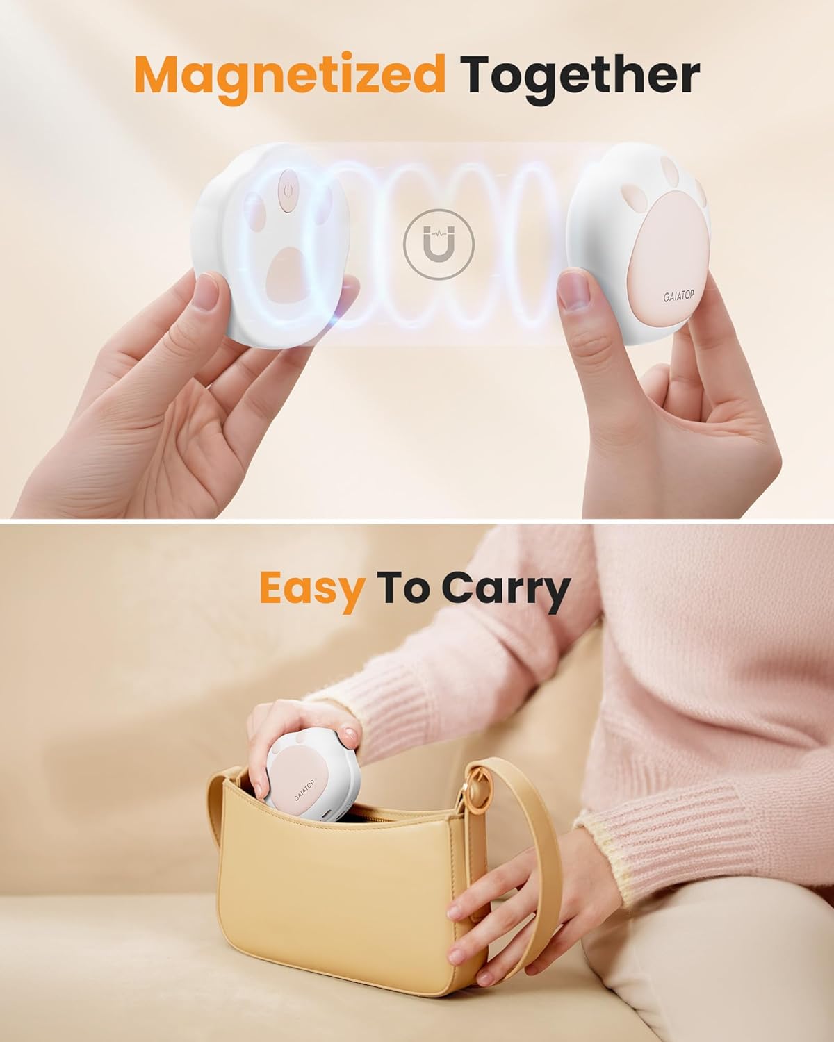 Gaiatop Hand Warmers Rechargeable, 2 Pack Cute Cat Paw Design 3 Levels Magnetic Electric Pocket