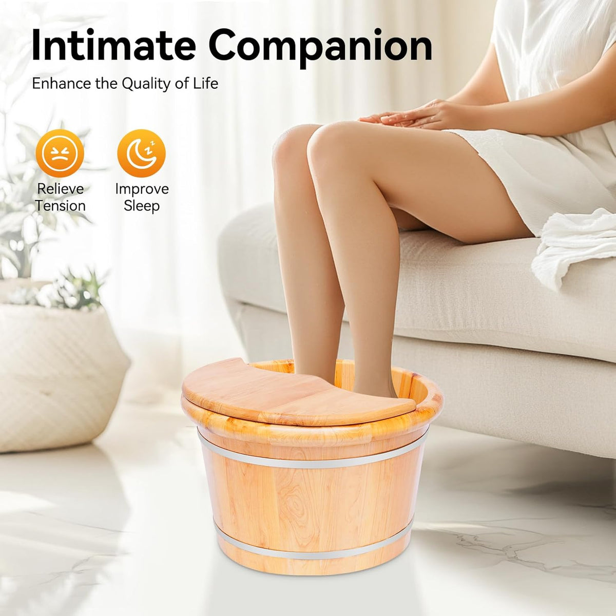 9.84in Tall Wood Foot Soaking Tub with Lid and Massage Roller, Pedicure Bowl for Feet, Portable