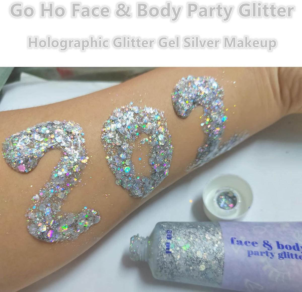 Go Ho Silver Face Body Glitter Gel,Singer Concerts Silver Face Paint Makeup,Holographic Chunky