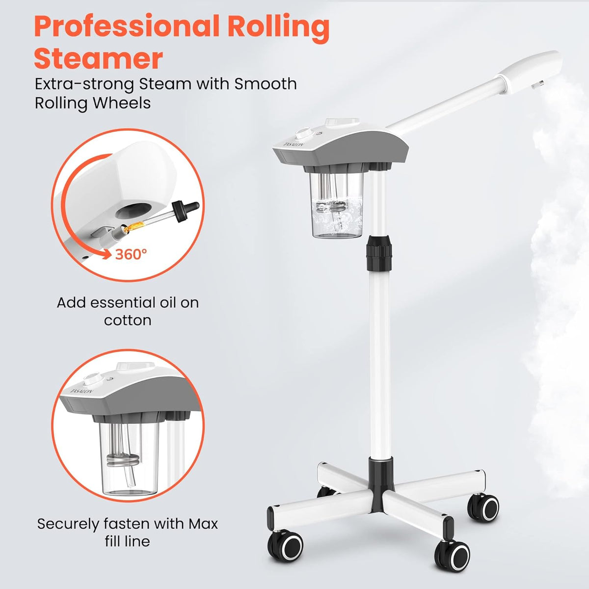 TASALON Professional Facial Steamer Machine on Wheels, Standing Esthetician Steamer with Hot Ozone