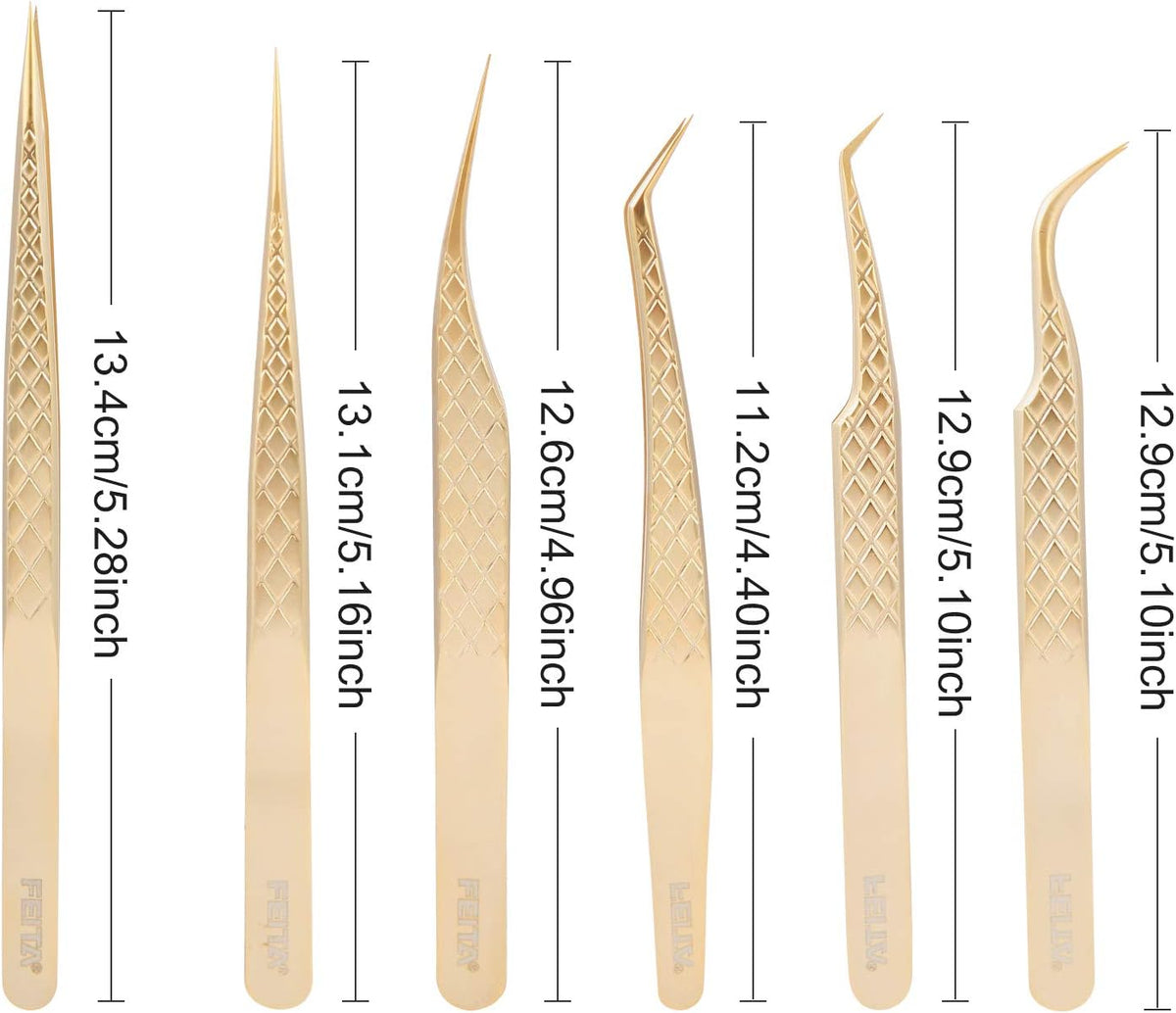 FEITA Eyelash Extension Tweezer Set Gold Lash Applicator Tool - Precision Lashes Diamond Grip