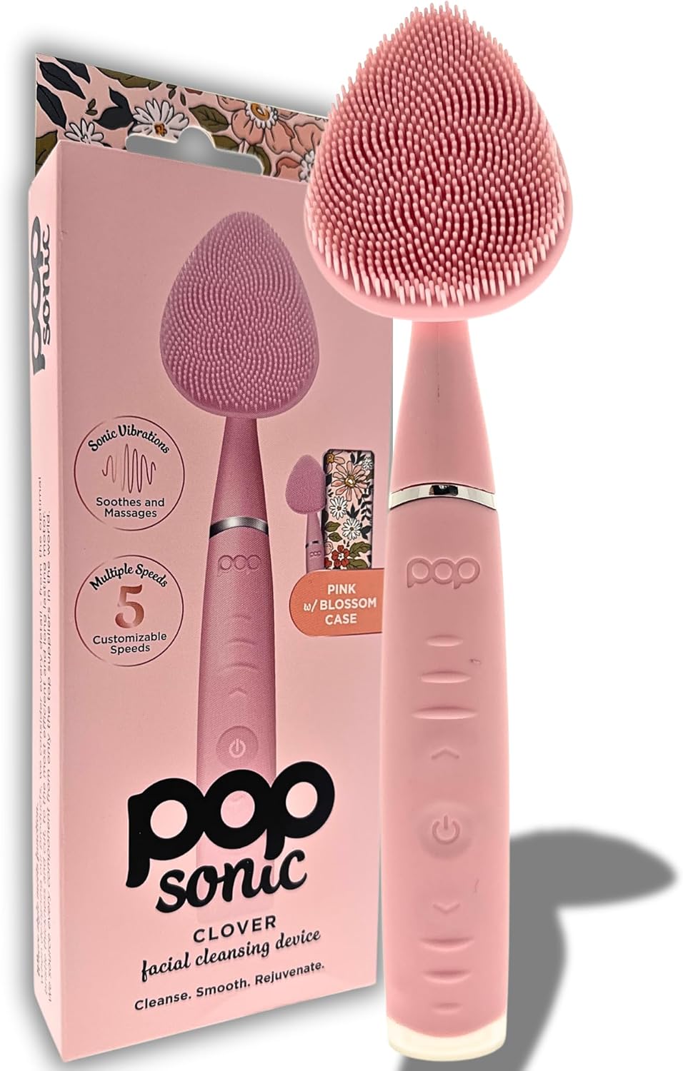 Clover Facial Cleansing Device Pink Silicone Facial Cleaner & Exfoliator w/ 8000 Vibrations Per