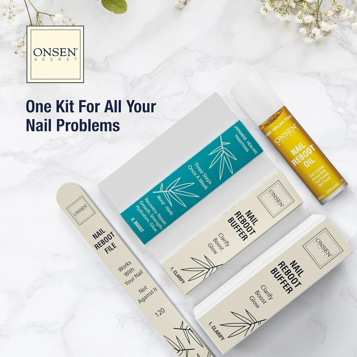 Onsen Secret Nail Care Kit - Japanese Nail Buffer and Shine Kit - Spa-Quality Manicure - Organic