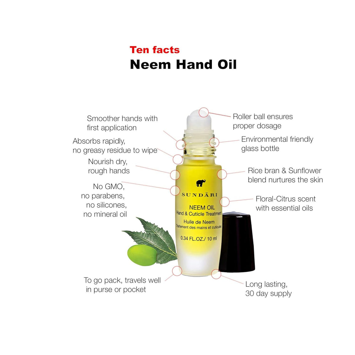 SUNDARI Neem Hand & Cuticle Treatment Oil – 0.34 Fl Oz, Roller for Dry Hands, Nails and Cuticles
