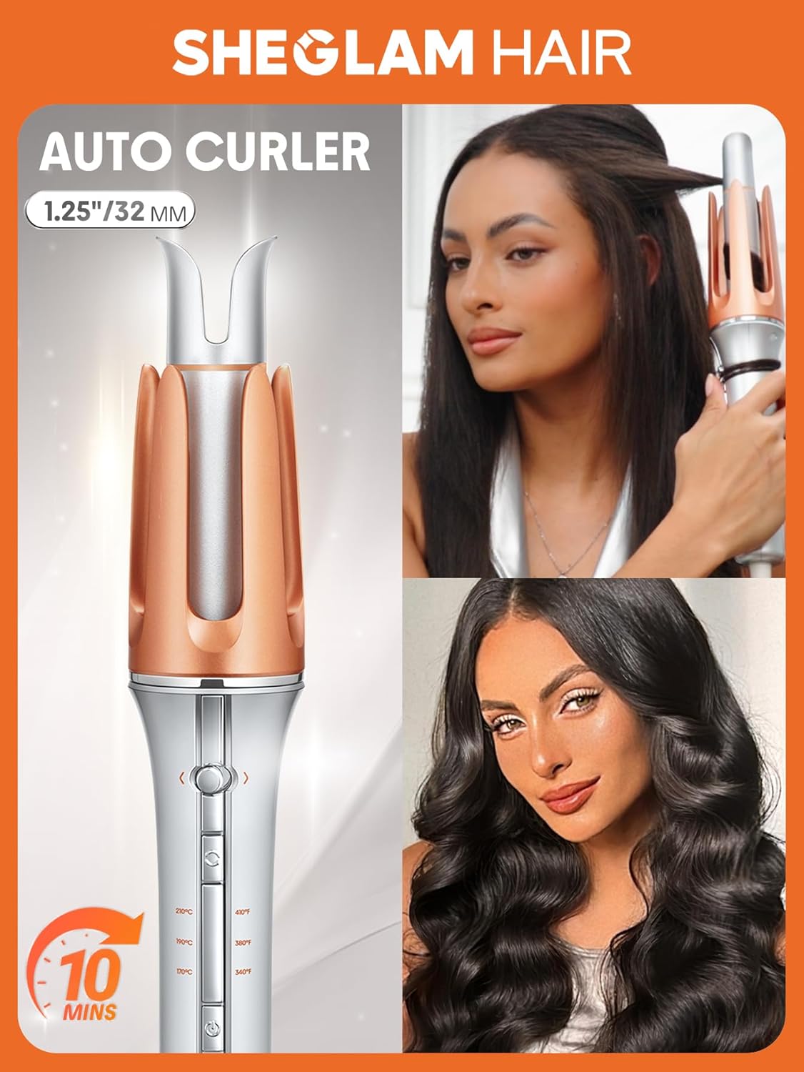 SHEGLAM Automatic Curling Iron 1 1/4 inch with 3 Temperatures Fast Heating, 2-Way Rotation