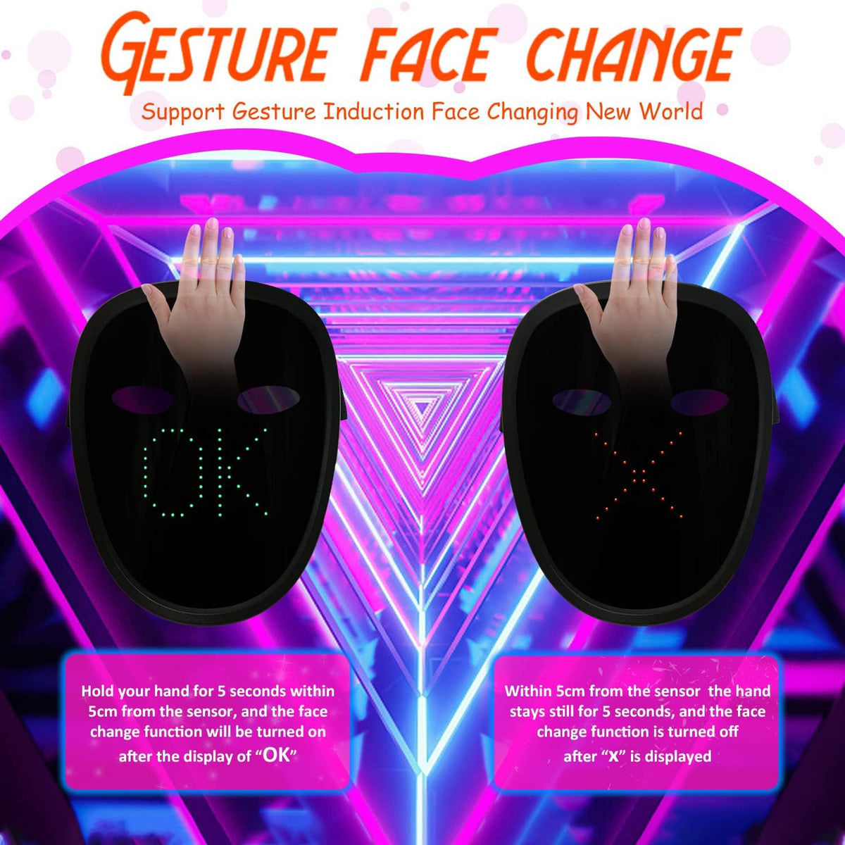 Led Mask with Gesture Sensing,Light up mask for Kids/Men/Women LED Halloween Mask for Costume