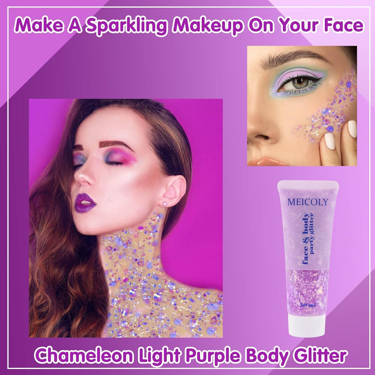 MEICOLY Chameleon Light Purple Body Glitter,Chunky Face Glitter for Halloween,Color Changing