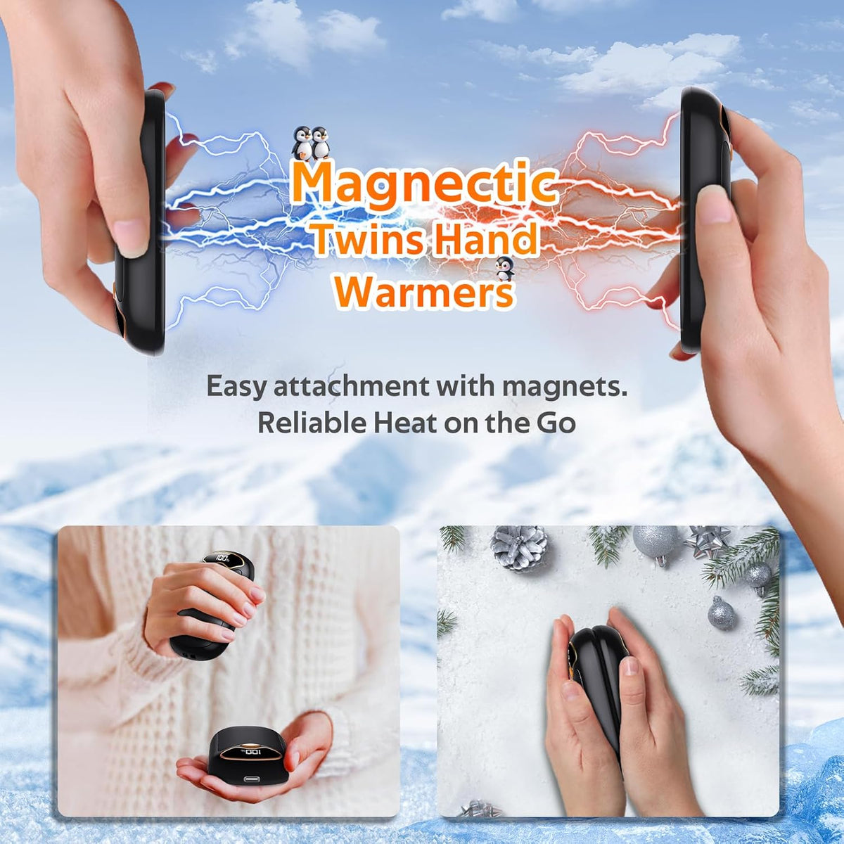 Hand Warmers Rechargeable - Magnetic Electric Hand Warmers 2 Pack, LED Display, 4 Settings Fast