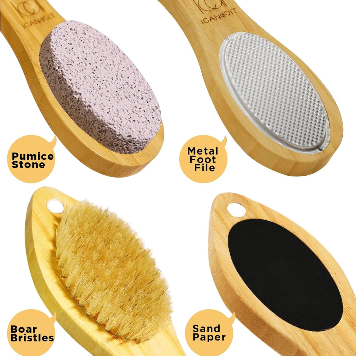 ICDI ICANdOIT Natural Bamboo Foot File Callus Remover-Multi Purpose 4 in 1 Feet Pedicure Kit with