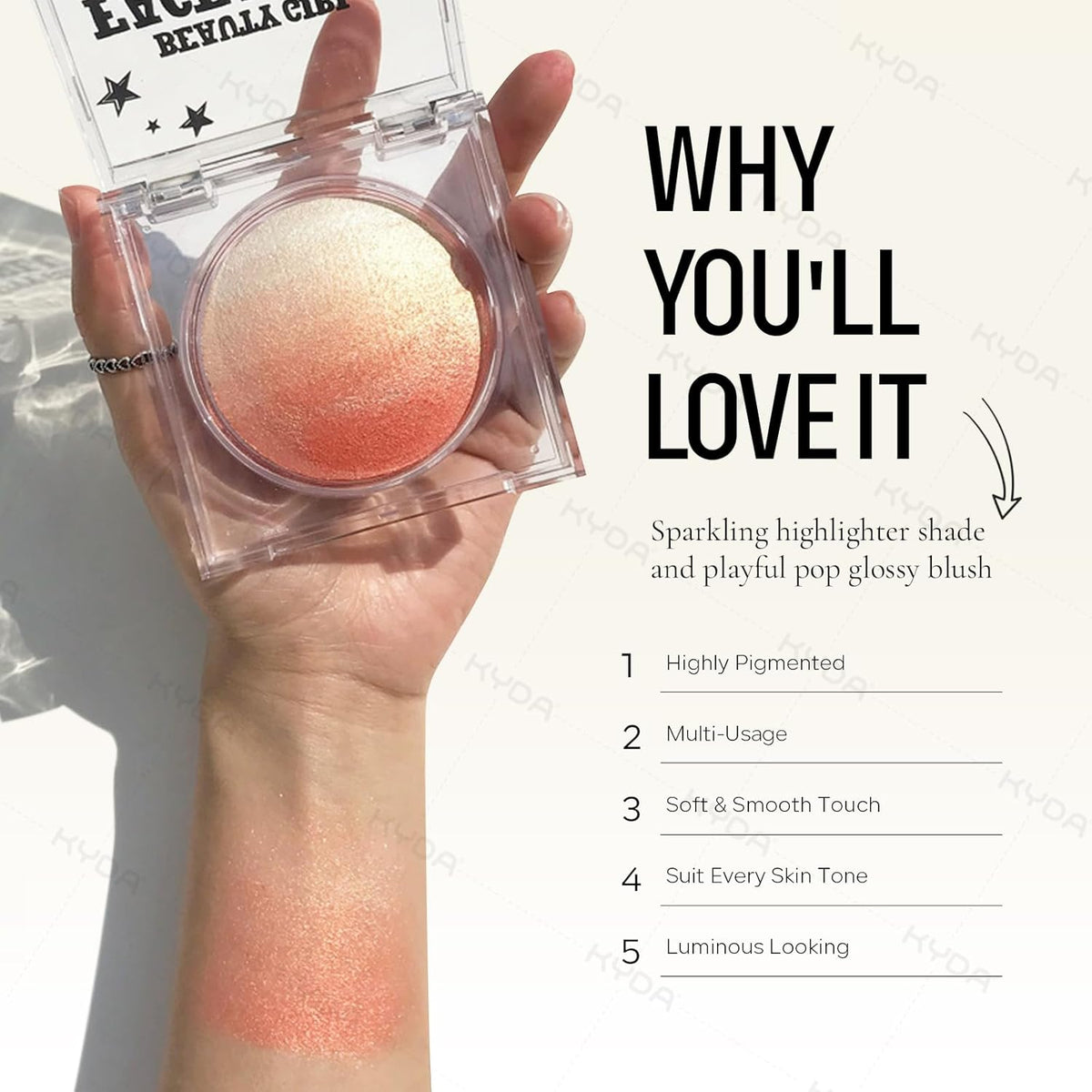 KYDA Baked Blush, Orange Glow Powder for Blush and Highlighter, High Glossy Finish, Lightweight