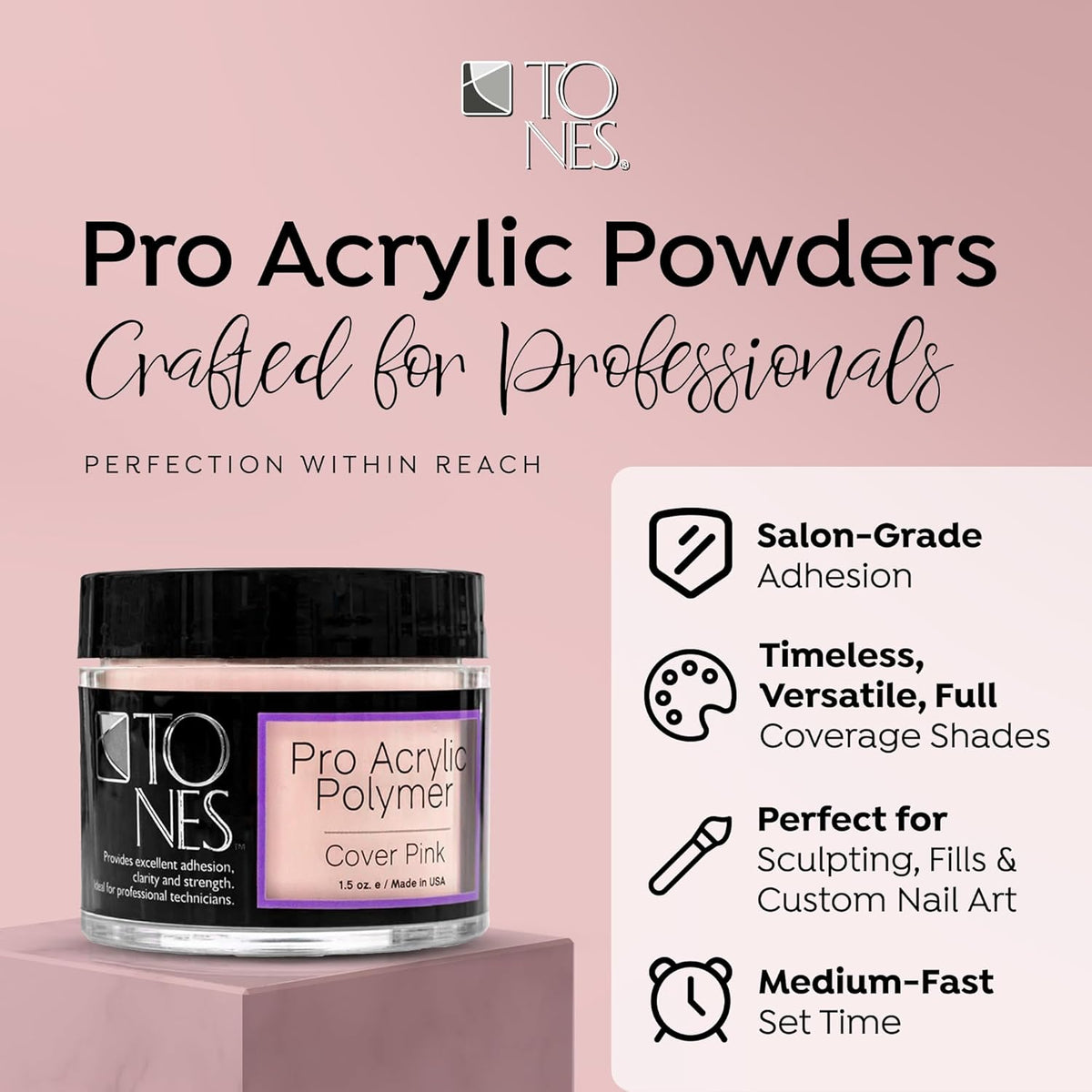 Tones Pro Acrylic Nail Powder, Cover Pink (Soft Nude Pink), (3.5 Fl Oz) - Long-Lasting &