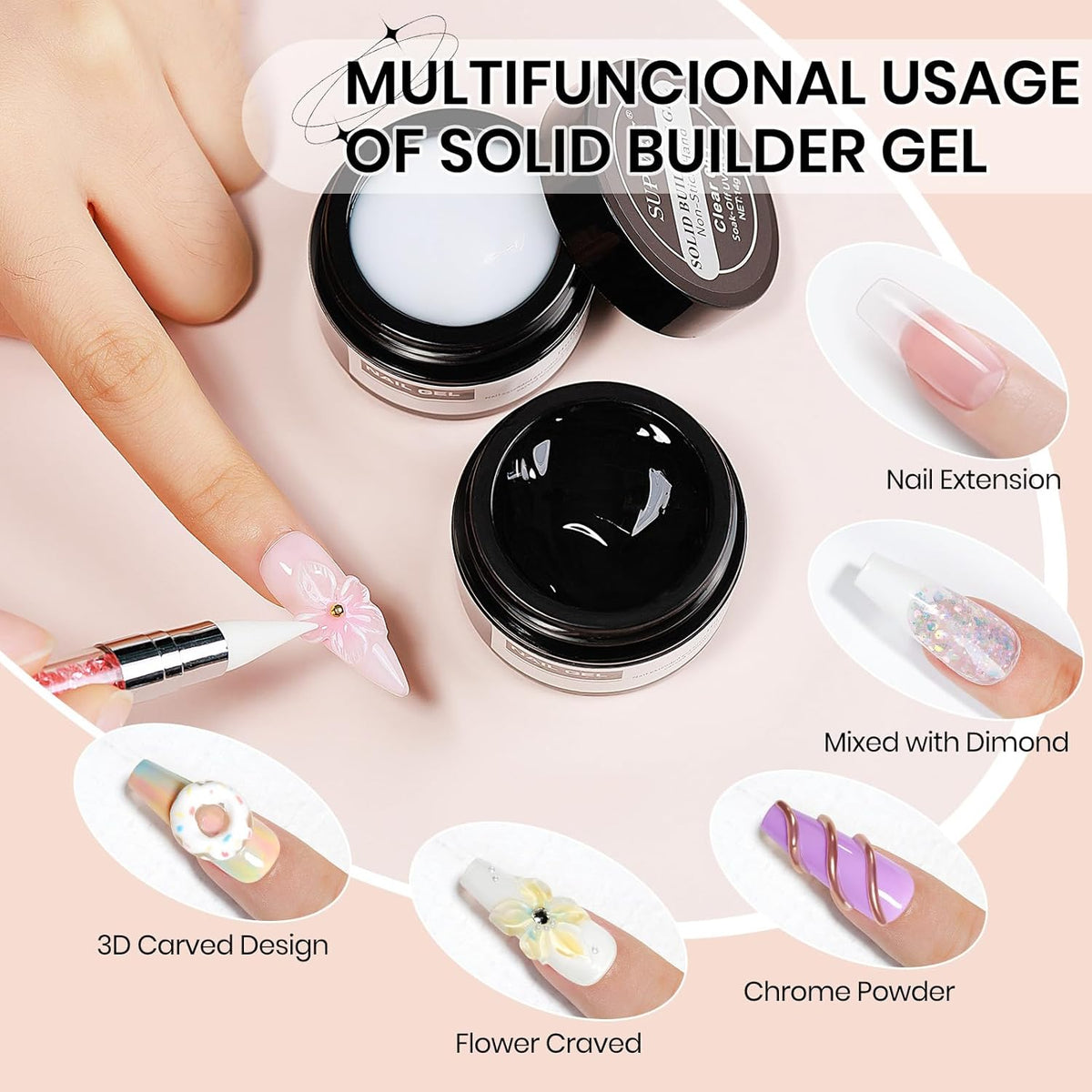 3d Nail Sculpting Gel Set: Clear White Solid Builder Gel for Nails, Nail Rhinestone Glue for 3d